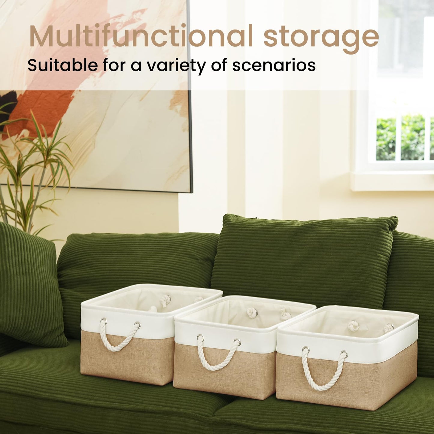 VQRTEXA Large Storage Baskets-Storage Bins for Shelves and Closet Organizing, Foldable Fabric Bin for Home Organization Clothes and Laundry (3-Pack, 15.7x11.8x8.26 Inch, White&Khaki)