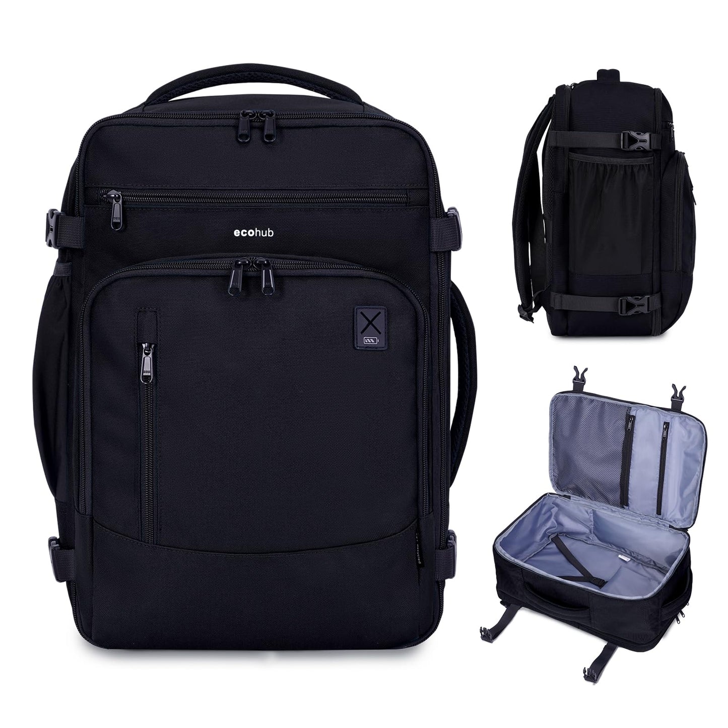 ECOHUB 17" Travel Backpack for Men, 25L Carry on Luggage for Airplanes, Personal Item Bag with 16 Pockets, Water Resistant Rucksacks Fit 15.6" Laptop, Casual Daypack, Black