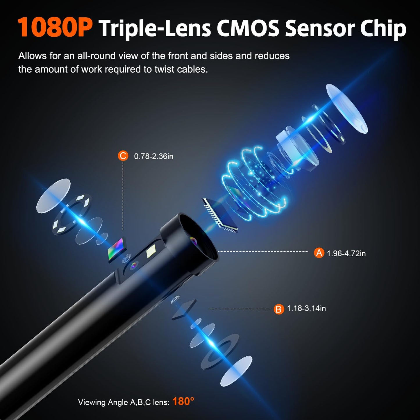 50FT Triple Lens Sewer Inspection Camera, 5" IPS Screen Industrial Borescope, 1080P HD Endoscope With Light, IP67 Drain Pipe Snake, Split Screen, 32G Storage Card, Carrying Case