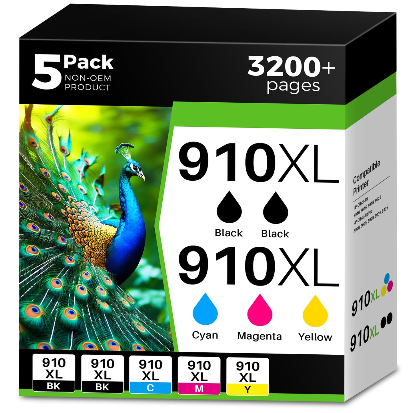 Q-image 910XL 8015 8025 910 Ink Cartridges Replacement for HP 910XL Ink Cartridges Combo Pack Work with OfficeJet 8015 8020 OfficeJet Pro 8025 8028 8035 (2Black, Cyan, Magenta, Yellow, 5 Packs)