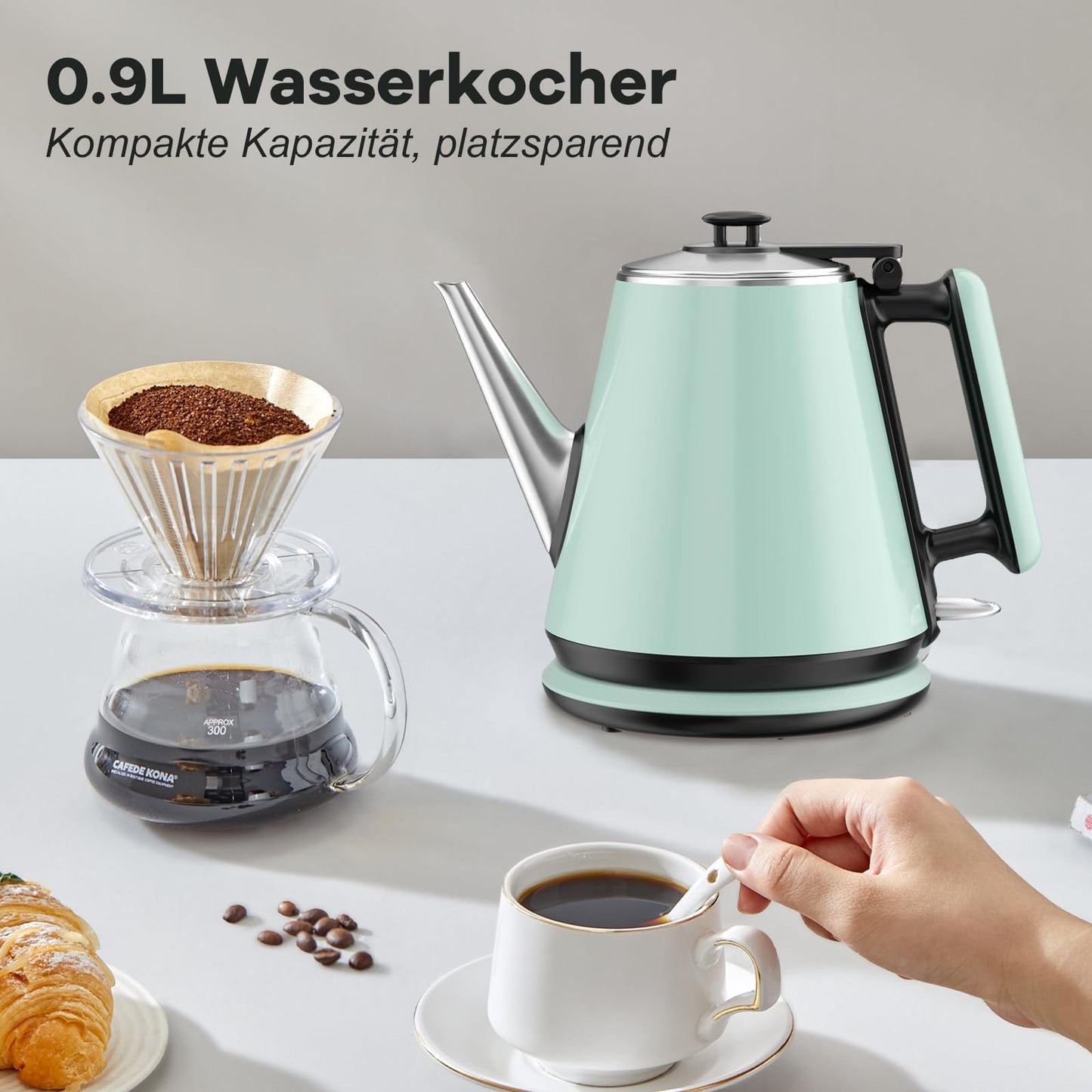 HoJang 0.9L Electric Kettle, 1000W Fast Boiling Stainless Steel Water Heater, Cordless Tea Coffee Kettle with Auto Shut-Off, Small Compact Hot Water Boiler for Home Office Dorm, Green