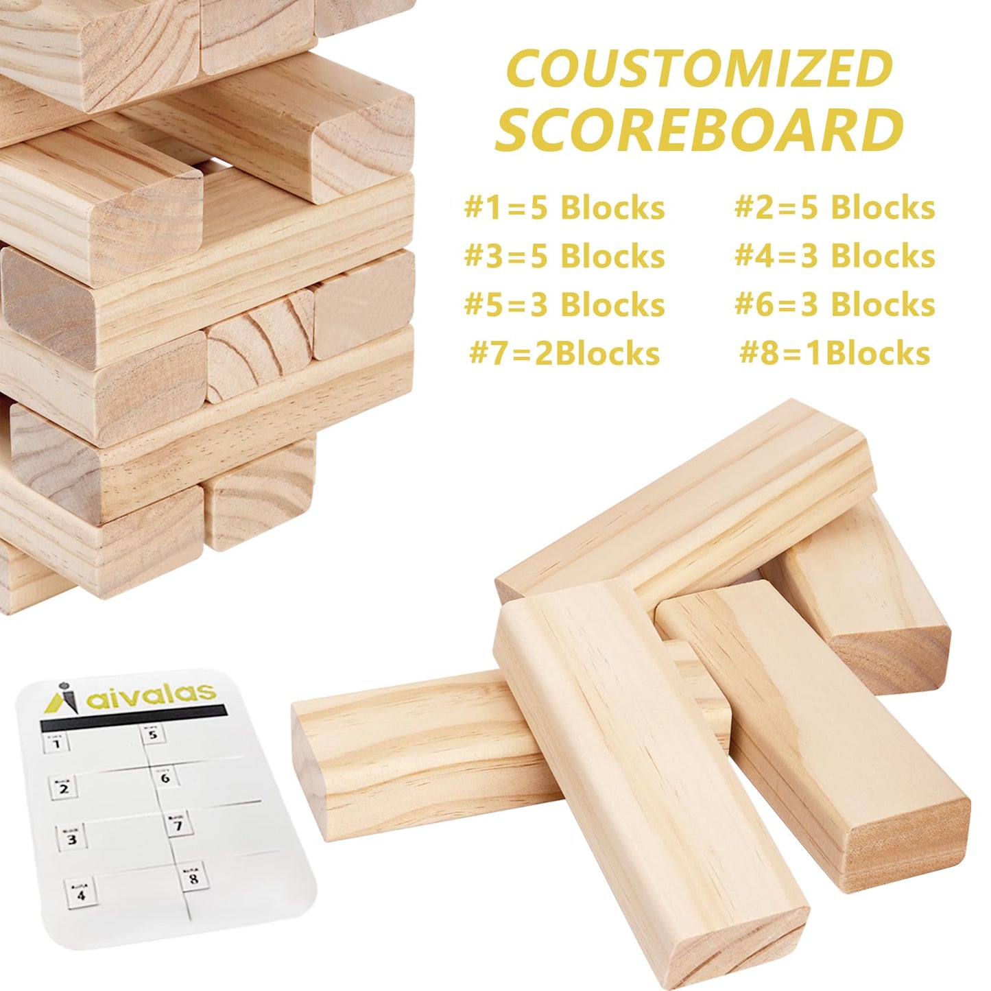 Aivalas Giant Timber Blocks Games, 56 Blocks Large Tower Outdoor Indoor Game - Includes Carry Bag and Scoreboard, Wood Stacking Yard Game Grows from 2Ft to Over 4.2Ft for Kids Adults Family