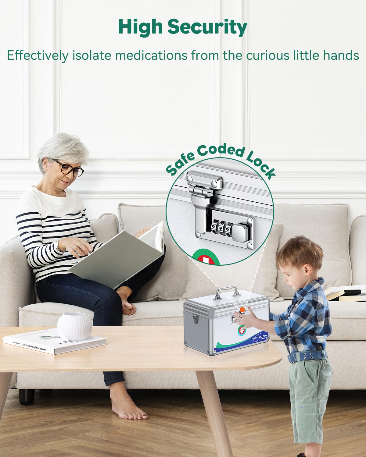 Uniclife Medicine Lock Box First Aid Box with Combination Lock, Handle & Shoulder Strap, Portable Medication Lock Box, 12" x 7" x 7.5" Silver Aluminum Alloy Storage Box