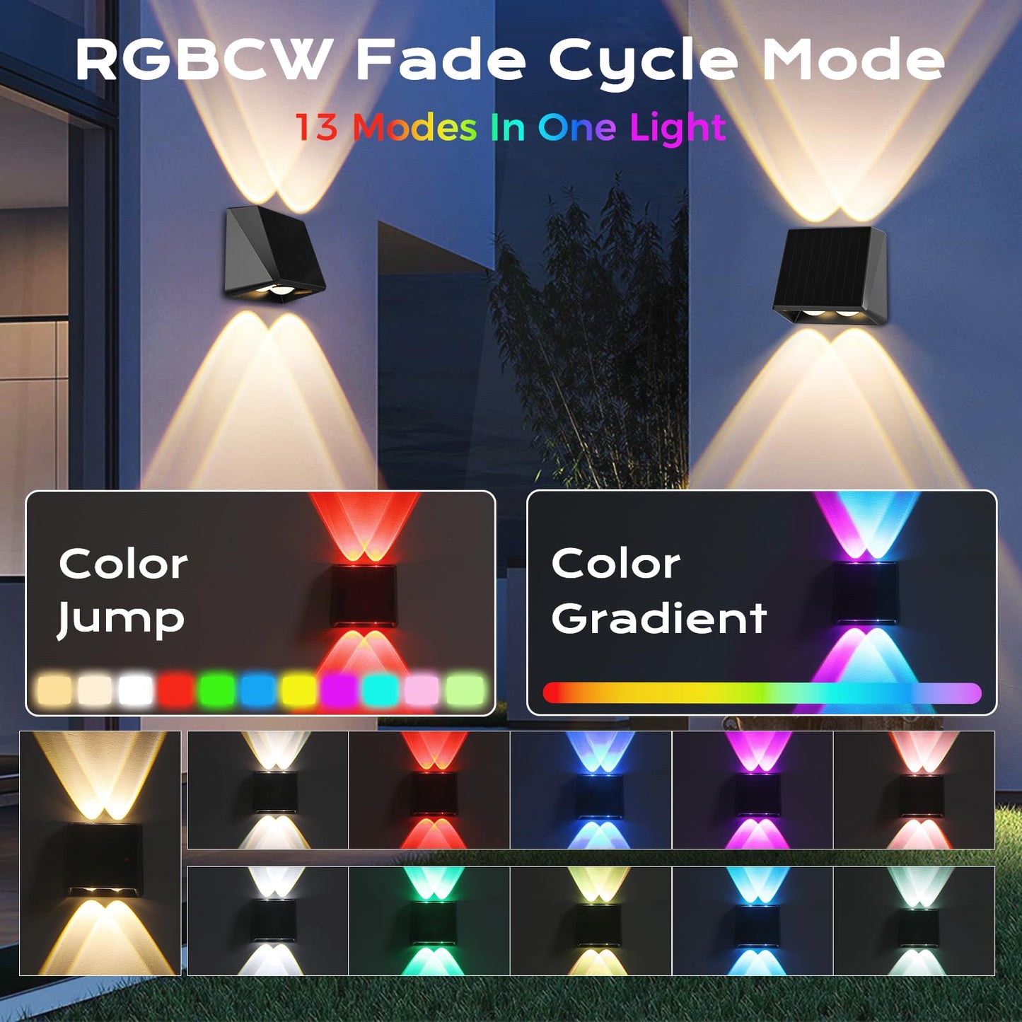 Quntis RGBCW Solar Lights Outdoor 6 Pack, 13 Color Mode & Up/Down Lighting Solar Fence Lights, Warm White/Cool White/RGB Solar Garden Lights, IP65 Waterproof Solar Lights for Deck Patio Yard Step Wall