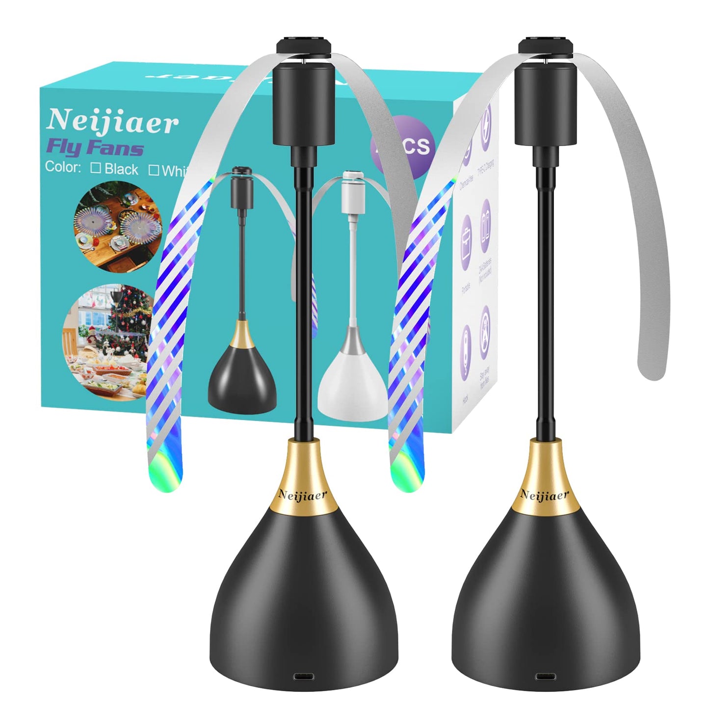 Neijiaer Fly Fans for Tables, USB or Batteries Powered, Soundless and Portable Fly Fan, Keeps Your Food Clean, Practical Fan with Soft Blades (Black 2 Packs)
