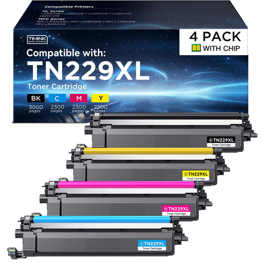 (with CHIP) Compatible TN229XL TN229 Toner Cartridge Replacement Compatible for Brother TN-229XL TN 229 XL Large Capacity to use with MFC-L3720CDW HL-L3220CDW HL-L3280CDW HL-L3300CDW (BK/C/M/Y)