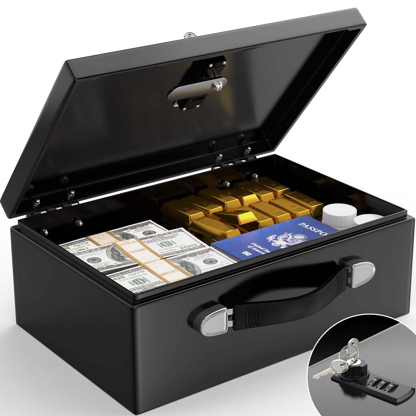 GUVELI Portable Safe Box for Home with Combination Lock and Emergency Key, Home Safes Money Safe Box with Hand Grip, Lock Box Storage Fireproof Document Box for Money Medicine Jewelry A4 Document
