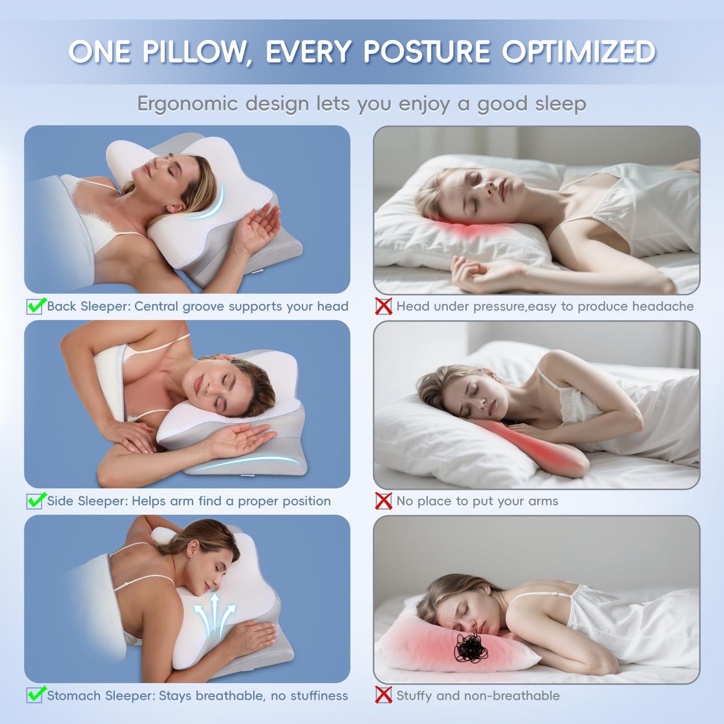 MISSLEEP Cervical Neck Pillow, Memory Foam Pillows for Relieving Neck and Shoulder Pain, Neck Support Pillow for Side Sleepers, 2 Heights Ergonomic Pillow with Breathable Ice Silk Cover White