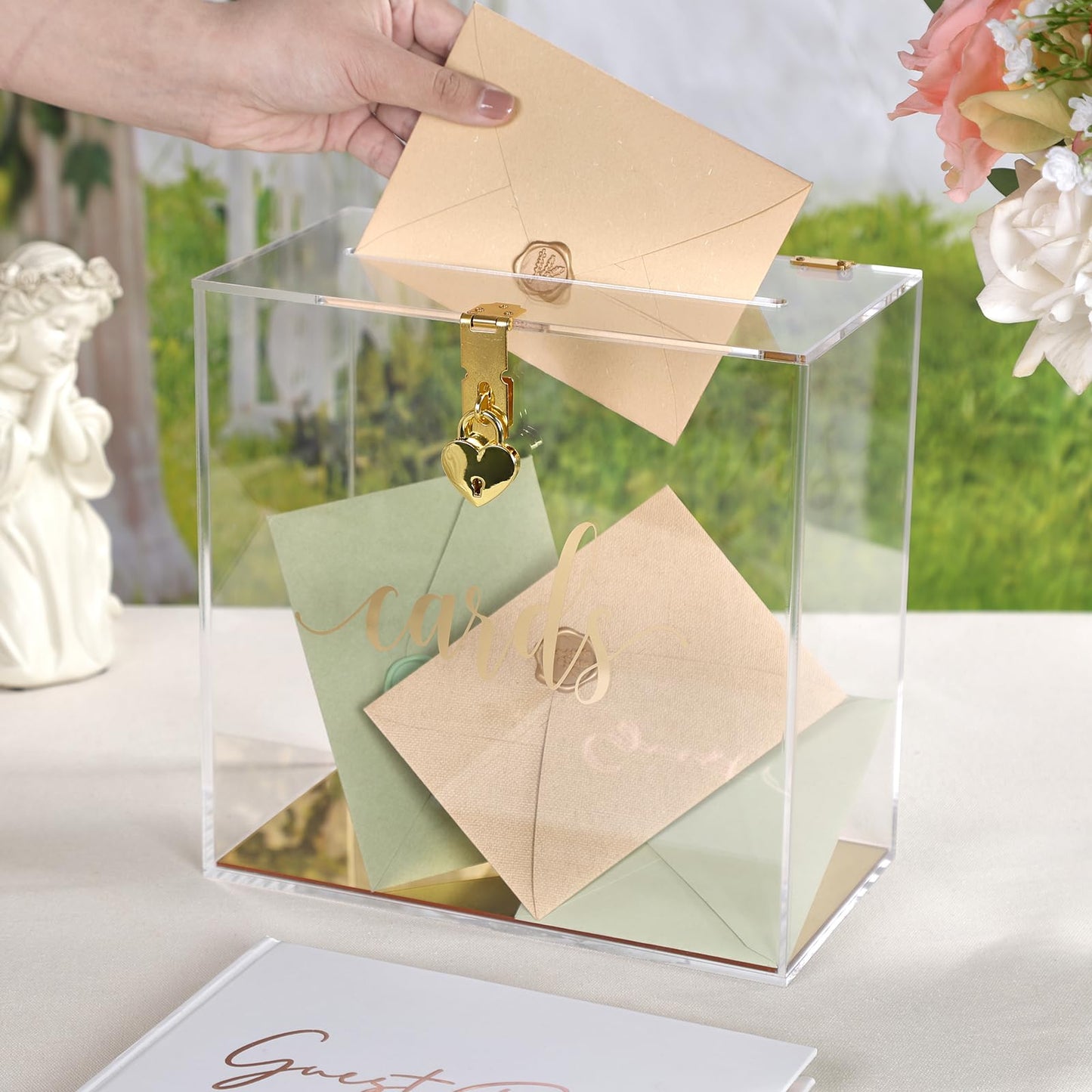 UNIQOOO Clear Acrylic Card Box w/Lock, Thick Wedding Box w/Slot Gold Foil Print, Large 10x10x5.5 in, for Reception Decoration Fundraiser Money Box Election Ballot Graduation Keepsake Party Favor