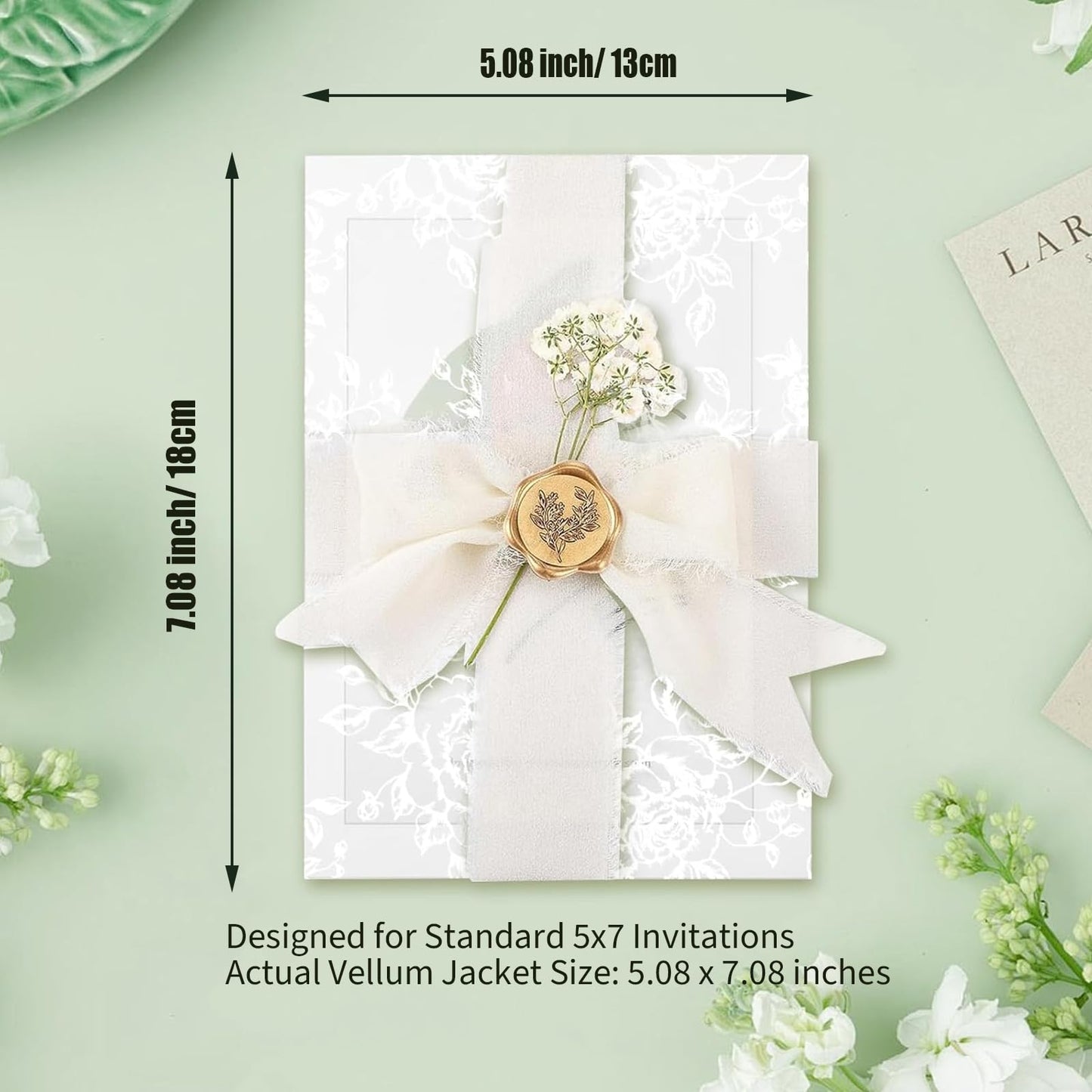 Wedding Invitation Accessories Kit, Pre-Folded Vellum Jackets for 5×7 Invitations with Wax Seal Stickers, Ribbon & Dried Flowers, Wedding Invitation Accessories for DIY Bridal Invites (50, White, Rose)