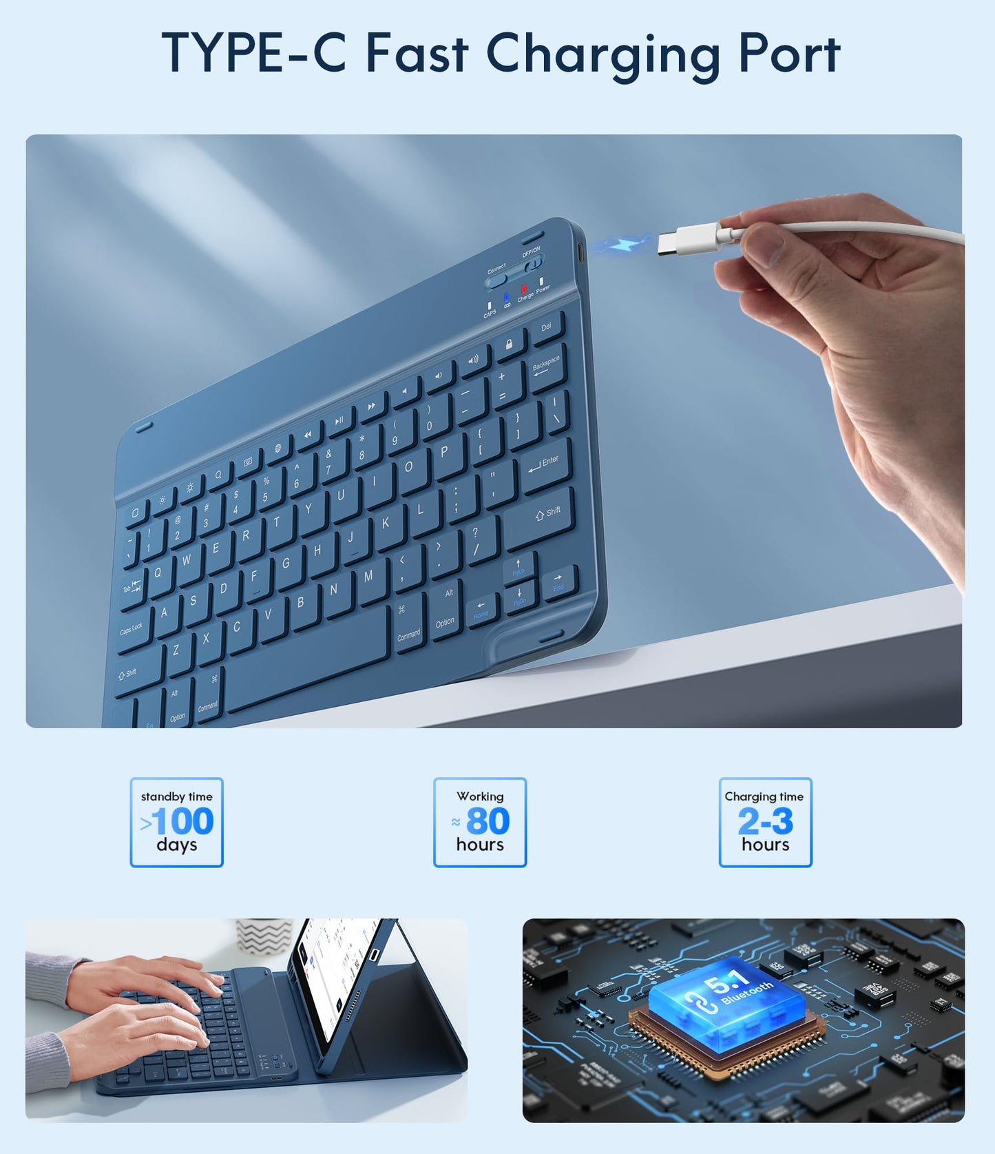 CHESONA Keyboard Case for iPad (A16) 11th/10th Generation 10.9-inch (2025/2022), Detachable Wireless Keyboard, Stand Folio Keyboard Cover with Pencil Holder, Thin & Light (Steel Blue)