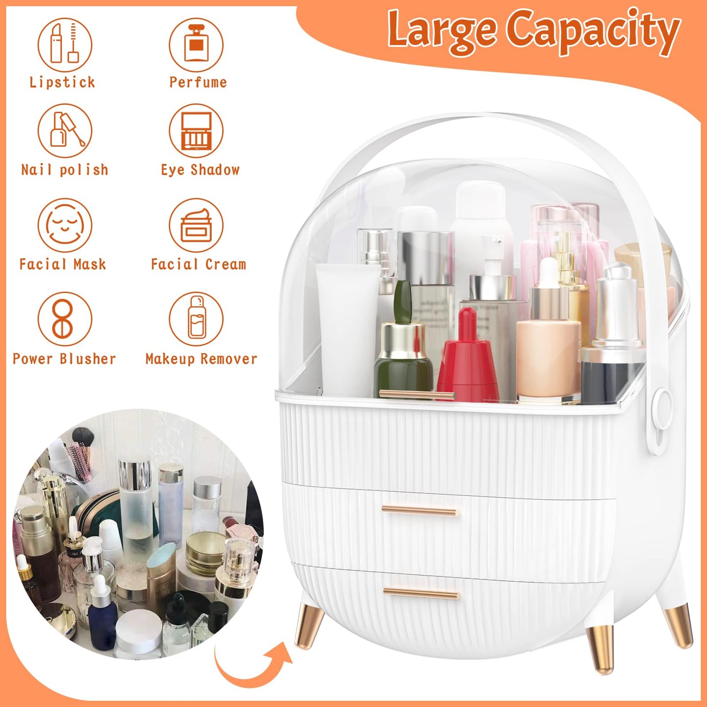 Forthee Makeup Organizer, Cosmetics Organizer Display Case with Two Drawers and Brush Storage Box, Skincare Organizer Box Suitable for Bathroom Countertop and Bedroom Vanity Dresser (White)