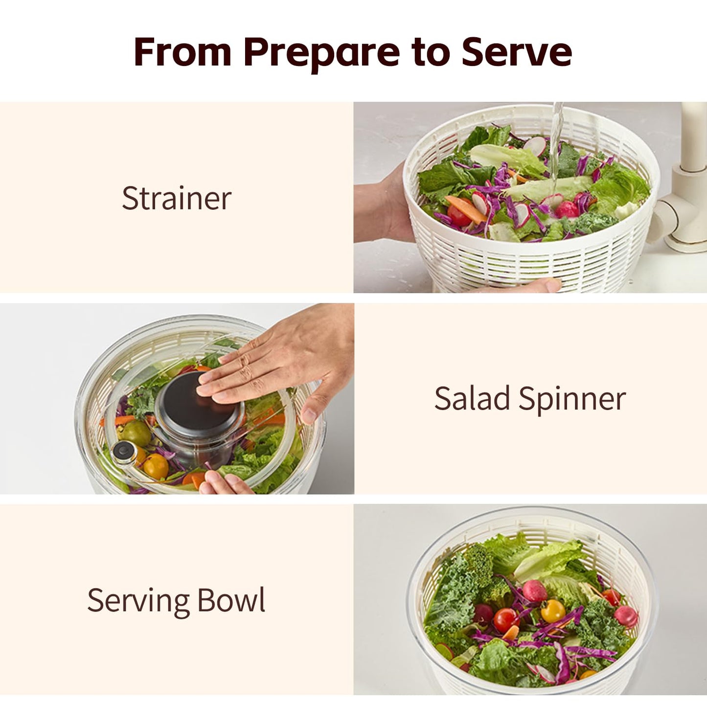 3.6L Salad Spinner, Vegetable Fruit Spinner – Compact Push & Spin Cleaner and Dryer with One-Button Stop, Clear Space-Saving Design for Greens, Herbs, Vegetables