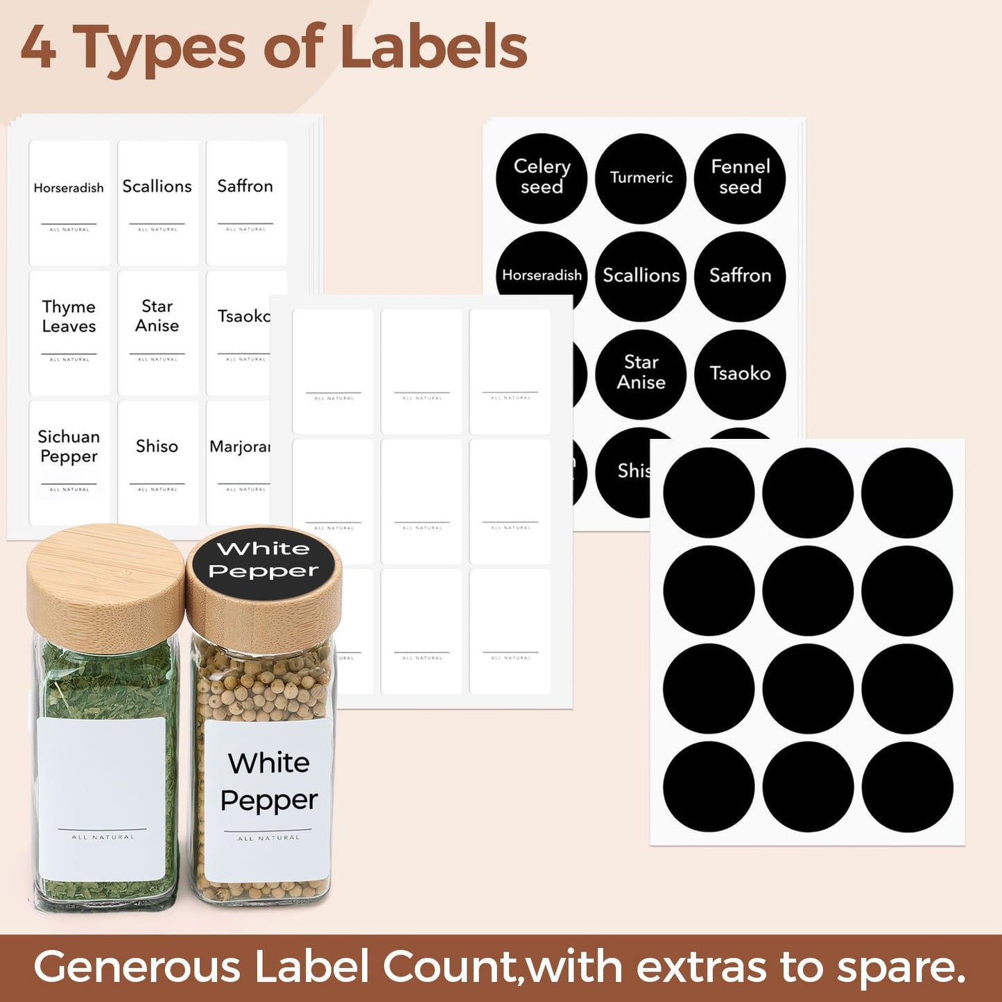 ComSaf 4oz 24Pcs Glass Spice Jars with Bamboo Lids, Empty Spice Containers with 93 Labels, Square Seasoning Containers Trial and Supplement Set, Small Seasoning Bottles for Salt, Herbs, Sugar, Pepper