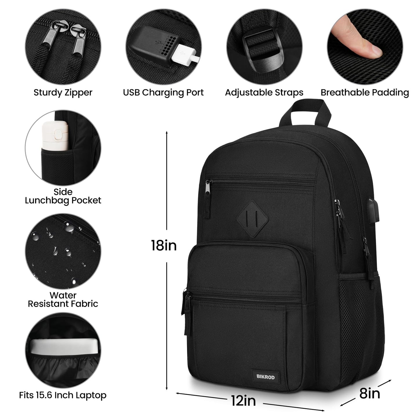Black Backpack for Men and Women, Backpack for School Teens Boys and Girls, Lightweight Casual High School Bookbag (Black, 15.6 Inch)