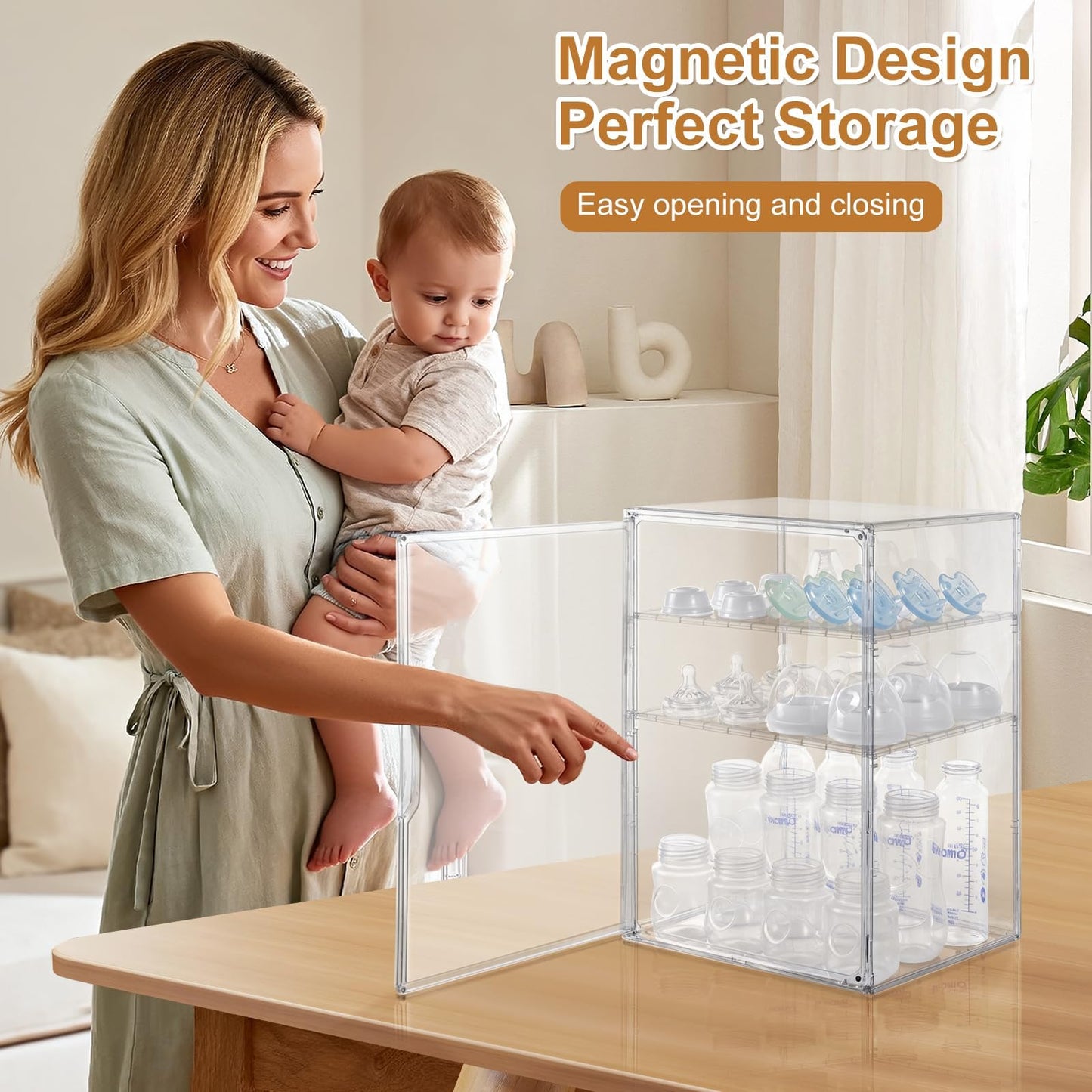 Onilife Baby Bottle Storage Organizer for Countertop Cabinet, 3 Tier Adjustable Bottles Station Container, Clear Acrylic Case Box with 2 Removable Dividers and Magnetic Door, Large