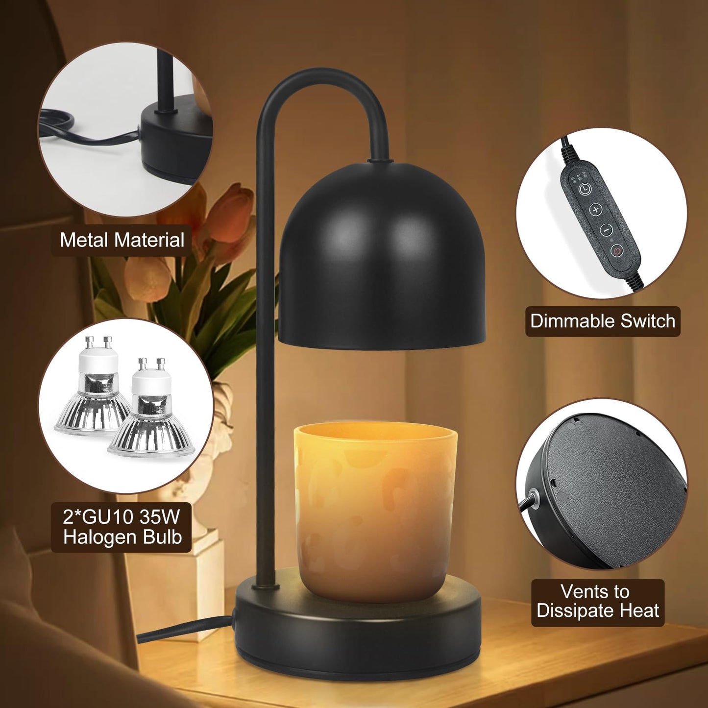 YudouTech Dimmable Candle Warmer Lamp - Black Small Metal Candle Wax Warmer with 2 * 50W Bulbs, Timer & Dimmer, Perfect for Bedroom and Living Room Decor