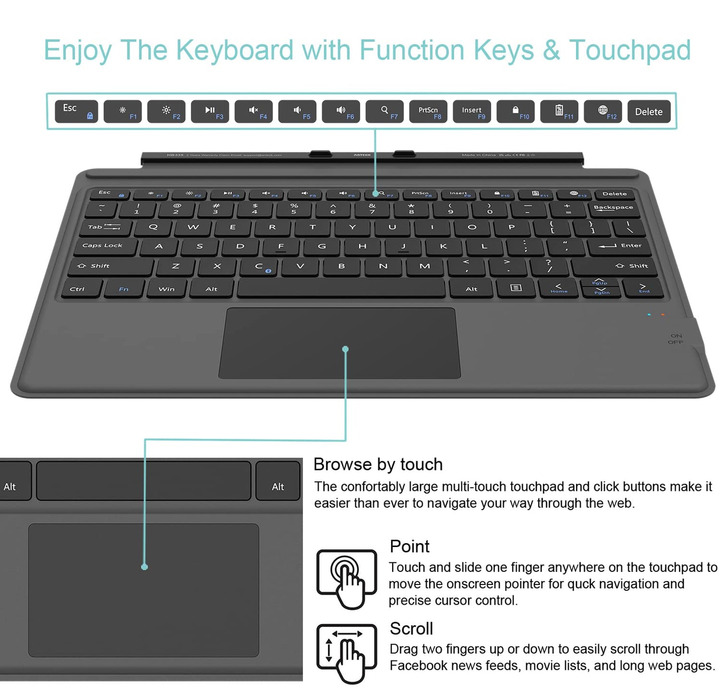 Arteck Microsoft Surface Pro Keyboard Type Cover, Ultra-Slim Portable Bluetooth Wireless Keyboard for Latest Surface Pro 10, 9, 8, X With Touchpad and Built-in Rechargeable Battery