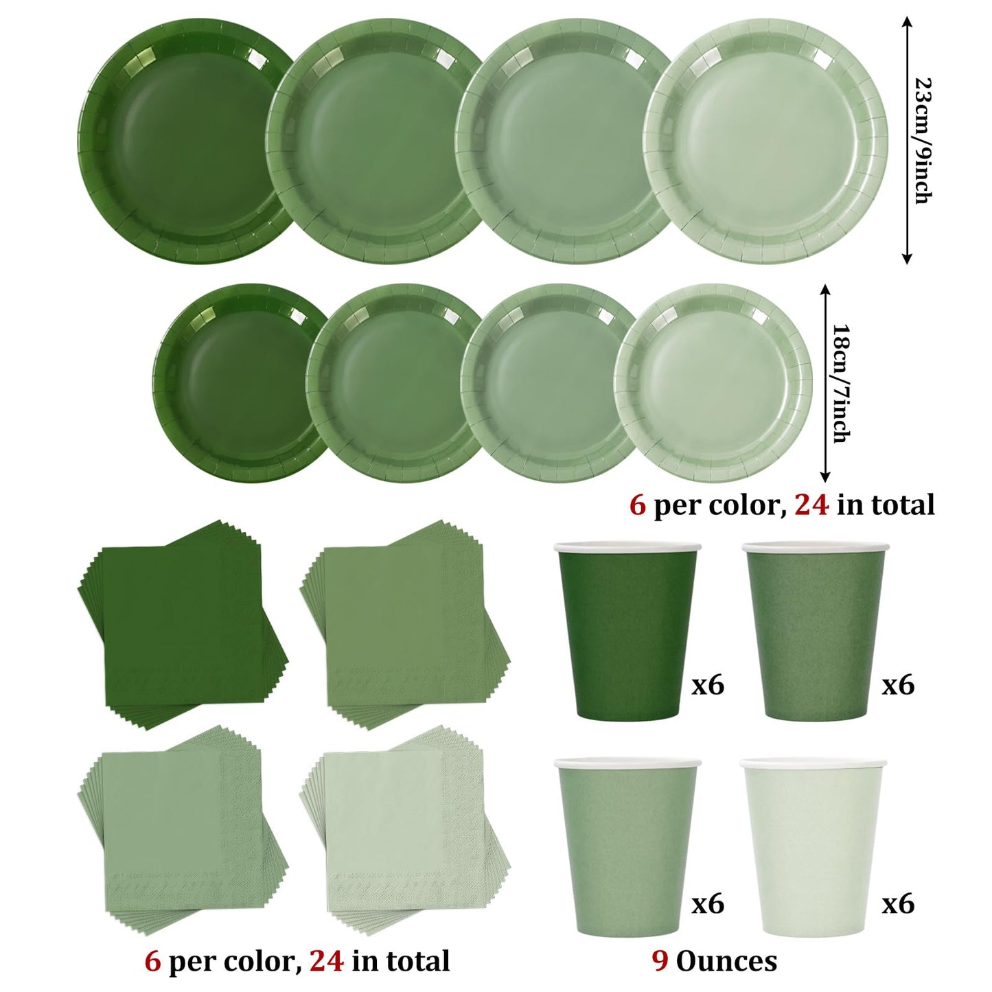 Whaline 96Pcs Sage Green Tableware Set Serves 24 Gradient Green Disposable Dinnerware 24 9" Plates 24 7" Plate 24 9oz Cups 24 Napkins for Wedding Birthday Party Supplies