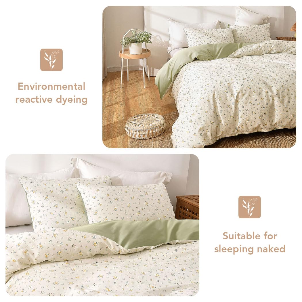 Conworld 100% Washed Cotton Duvet Cover Queen, Ultra Soft Breathable Floral Queen Duvet Cover Bedding Sets with Zipper Closure & Corner Ties, Green