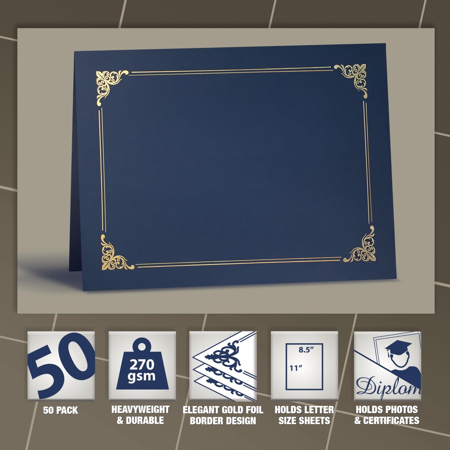 50 Pack Certificate Holders, Diploma Holders, Document Covers with Gold Foil Border, by Better Office Products, for Letter Size Paper, 50 Count (Blue)