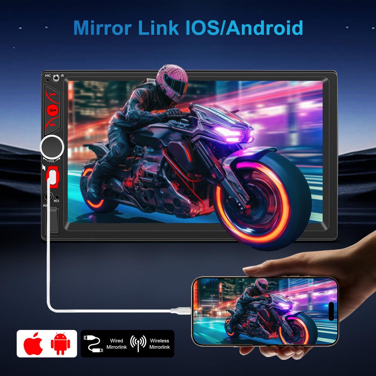 7" Wireless Double Din Car Stereo Carplay Radio Screen for Car Audio Receivers, Car Stereo with Backup Camera, Car Play Android Auto Touchscreen, Mirror Link, Bluetooth, SWC, AM/FM, Type-C