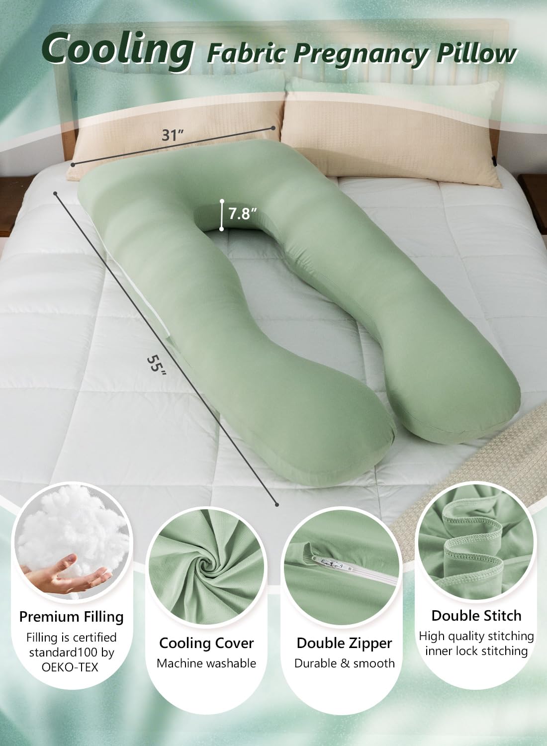 Meiz Cooling Pregnancy Pillows, 55 Inch U Shaped Pregnancy Pillows for Sleeping, Maternity Pillow for Pregnant Women, Rayon Cover from Bamboo, Green