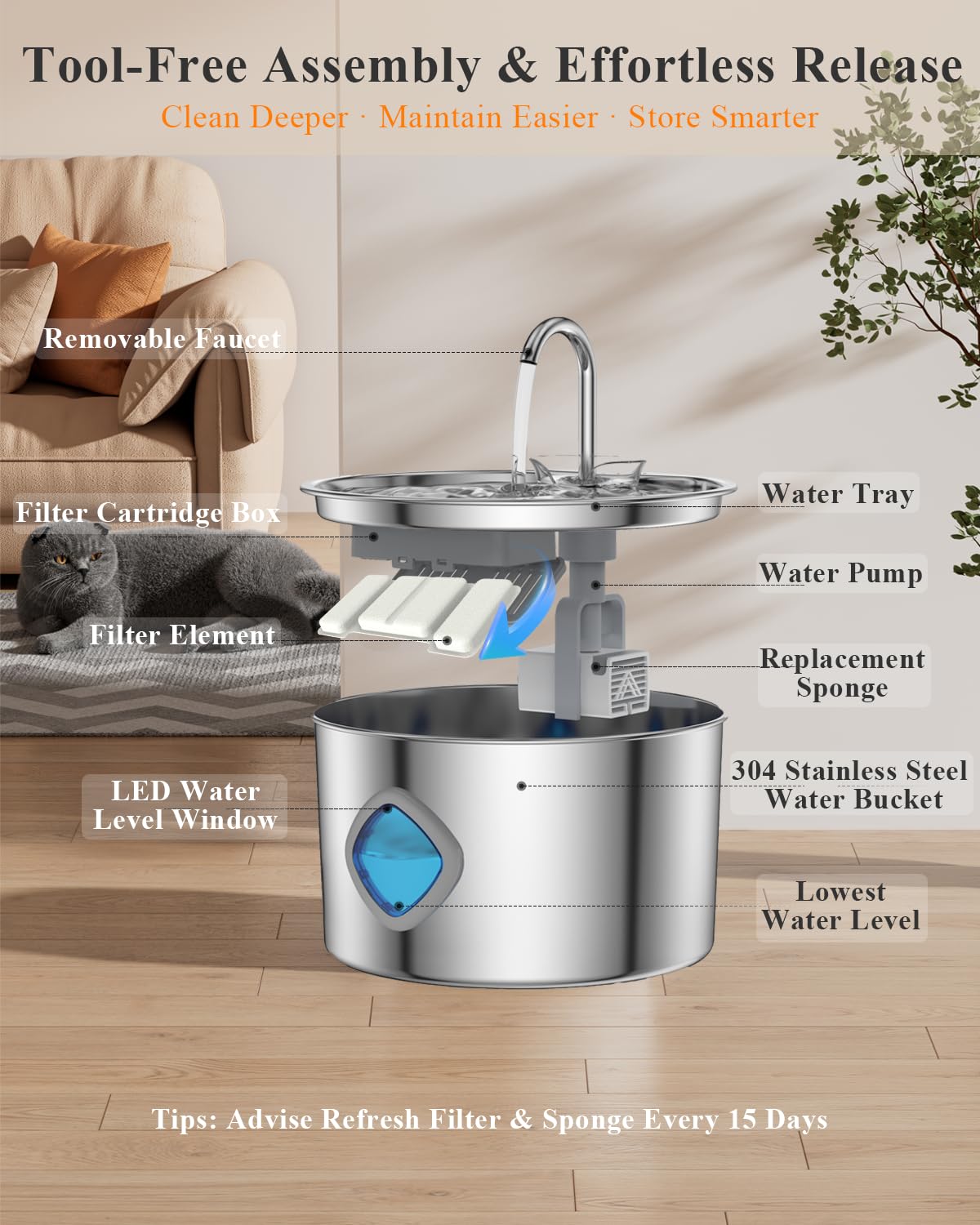 Cat Water Fountain Stainless Steel with 8 Filters Kit, 3.2L/108oz Automatic Pet Drinking Dispenser with Faucet & Flower Mode, Quiet Electric Metal Water Bowl for Indoor Cats S/M Dogs Pets