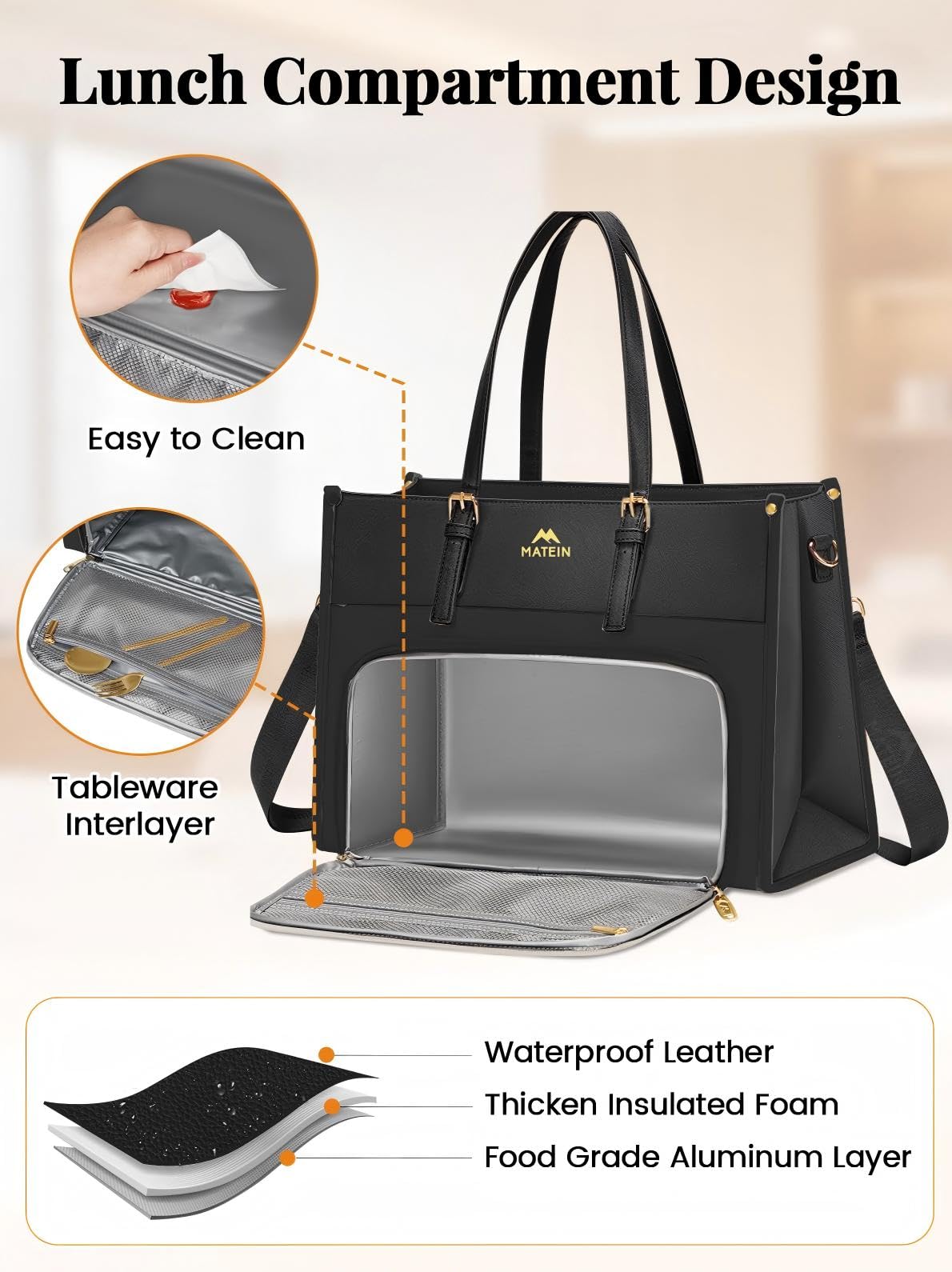 MATEIN Laptop Bags for Women, Work Bag with Lunch Compartment, Work Tote Bags with Clutch,Large Lunch Bags for Office, Daily Use, 2 Sets, Black