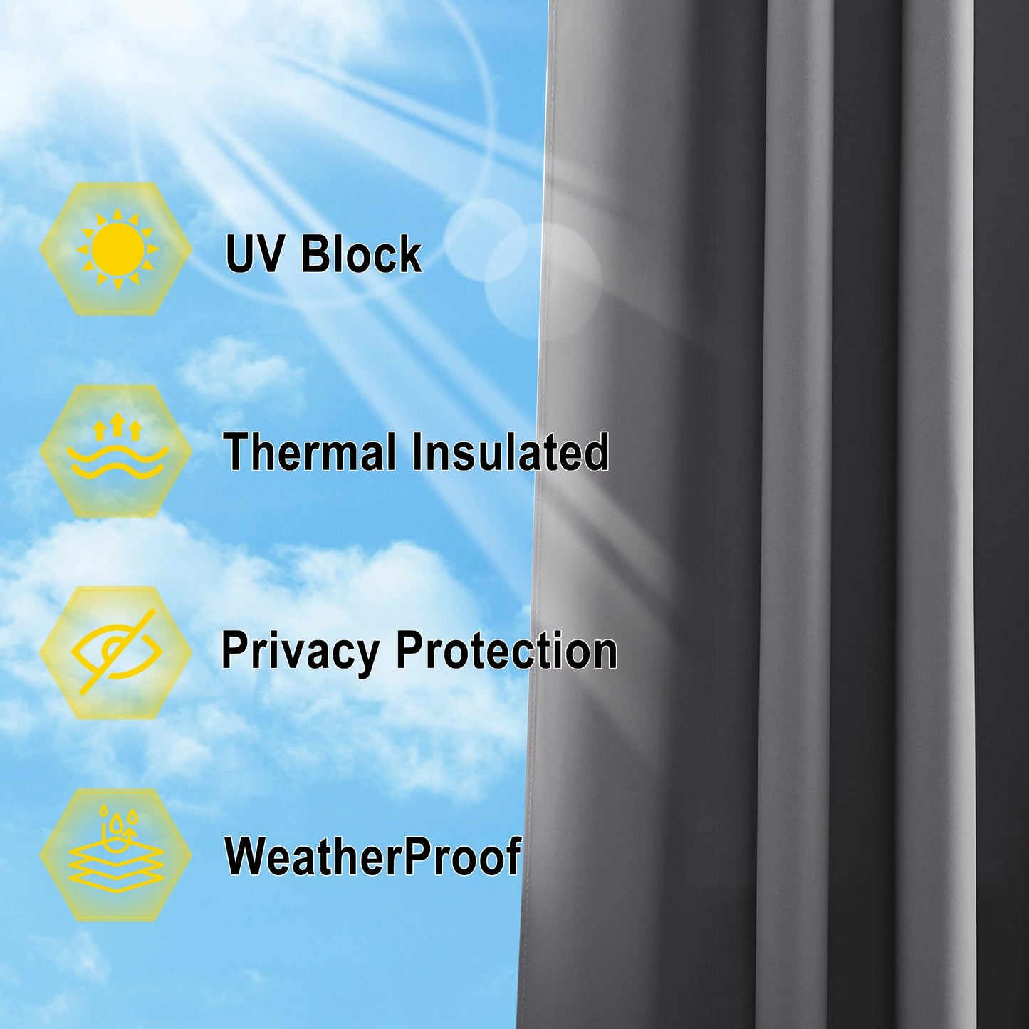 NICETOWN Grey Blackout Outdoor Curtains for Patio, Grommet Top and Bottom Rustproof Heavy Weight Windproof Drapes, Keep Privacy for Porch, 2 Panels, W52 x L84