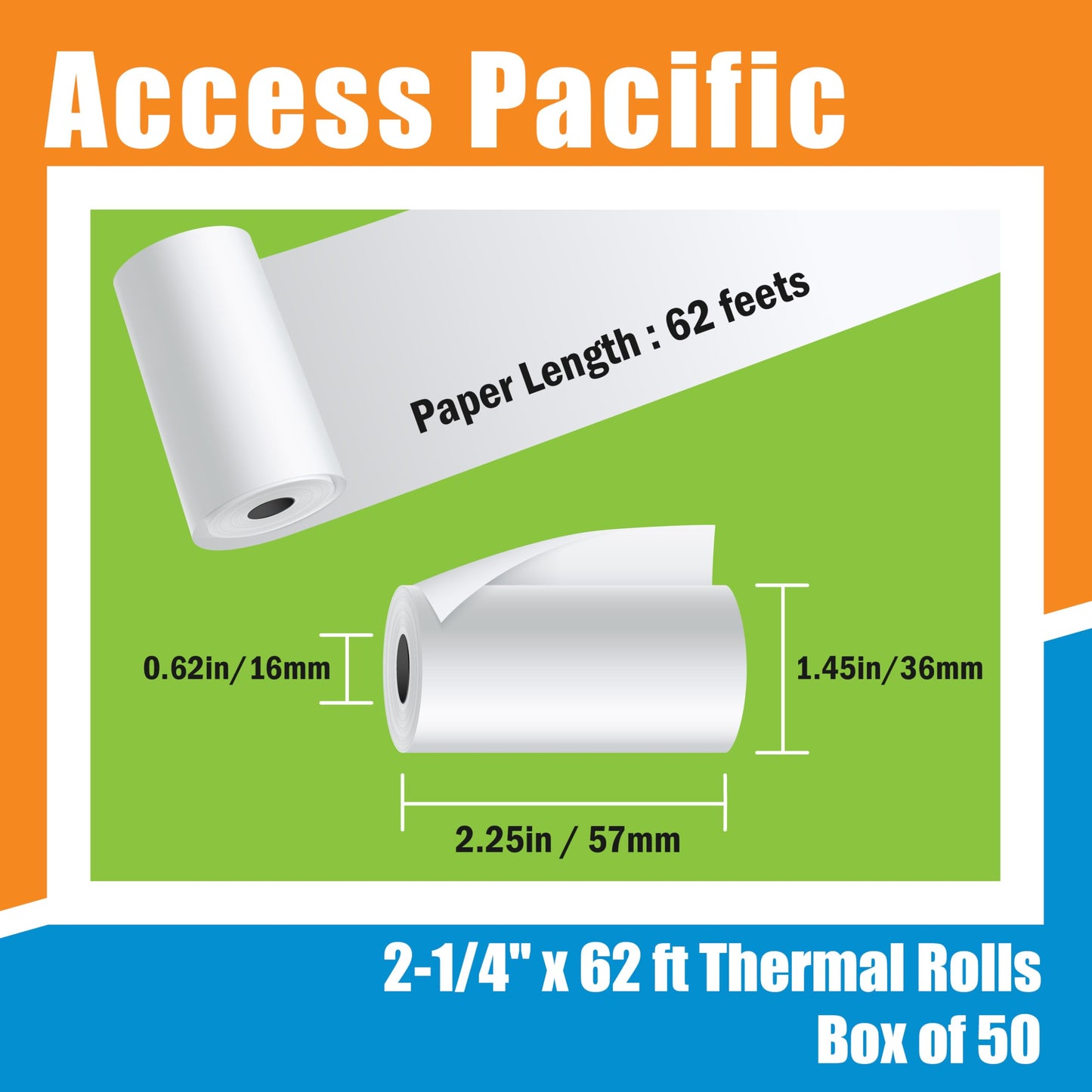 Mira Pak Longer Thermal Paper Rolls for Credit/Debit Card Terminals - Convenient Box of 50, 2-1/4" x 62 ft, Universal Fit, Won't Smudge or Fade, Perfect for Receipts and Invoices
