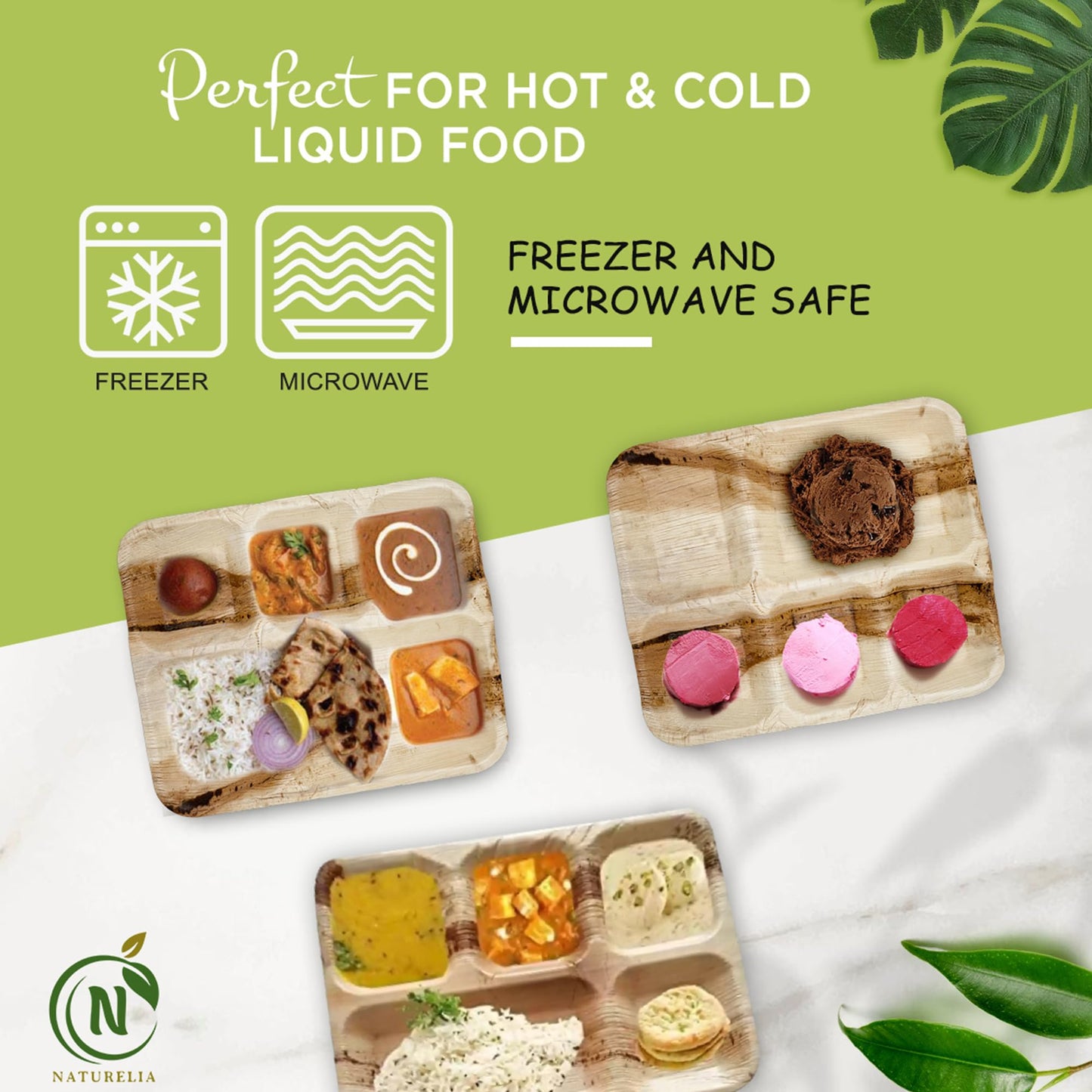 Naturelia 100% Compostable 12-Inch Palm Leaf Disposable 5 Partition Rectangle Plates- Premium Eco-Friendly, Biodegradable, Microwave-Safe Palm Leaf Dinnerware for Parties and Events