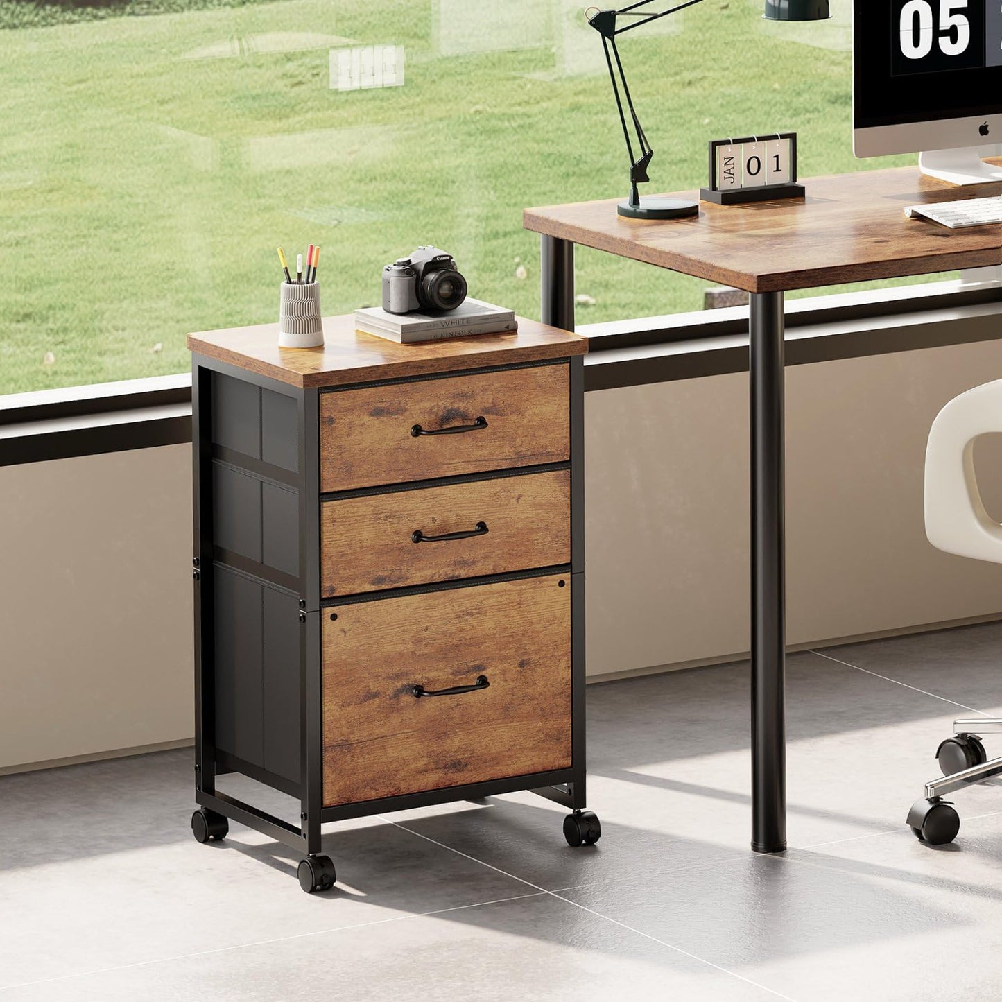 3 Drawer Mobile File Cabinet with Wheels Fabric Vertical Filing Cabinet fits A4 or Letter Size for Home Office,Rustic Brown2