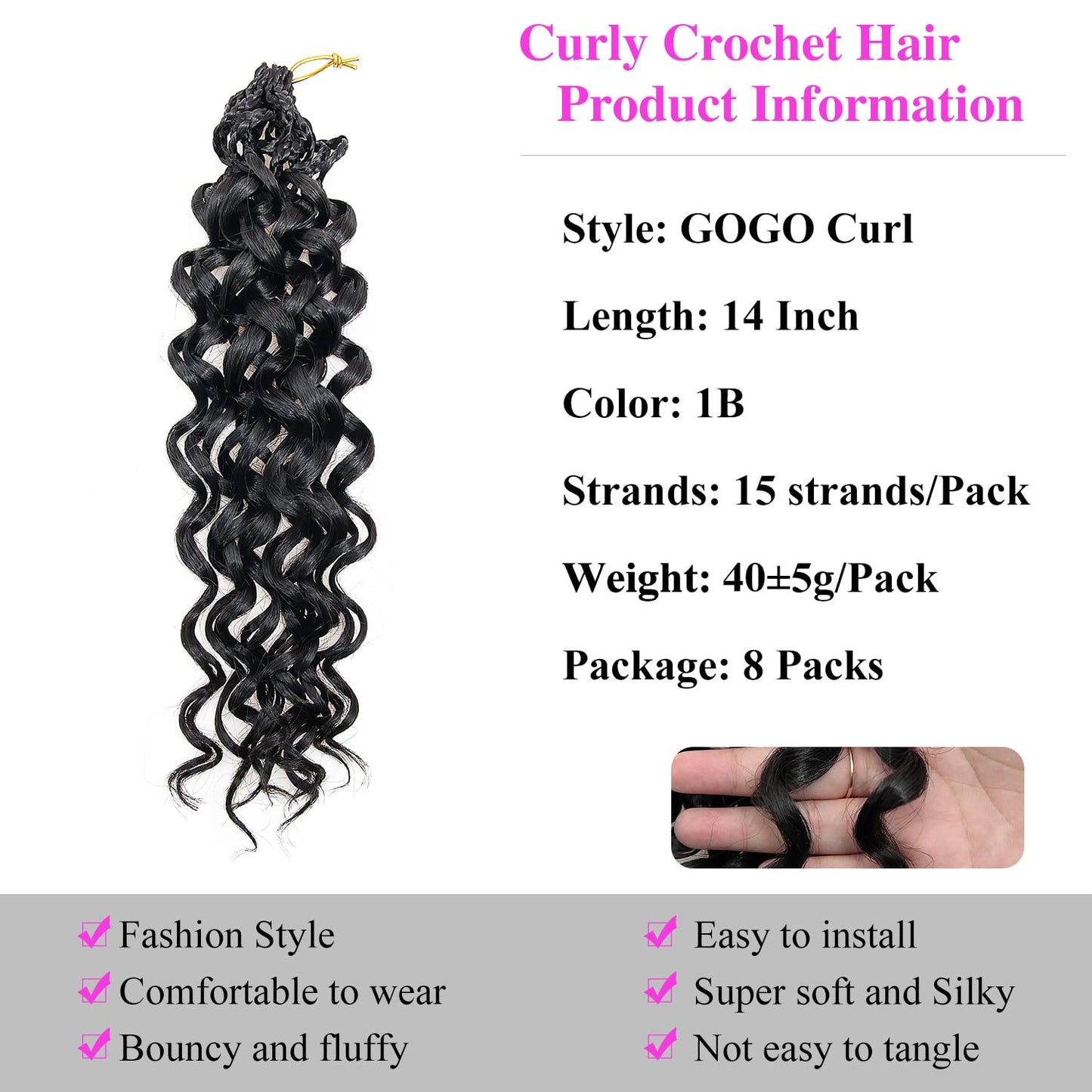 14 Inch Pre Looped Crochet Hair for Black Women - Gogo Curl/Beach Curl/Ocean/Water/Deep Wave Crochet Hair 8 Packs, Synthetic Hair Tangle-Free Natural Look Curly Hair Extensions (1B)