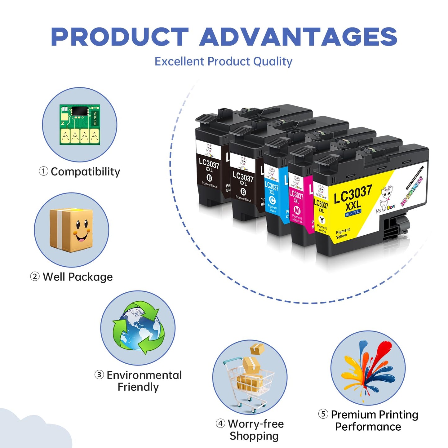 Miss Deer LC3037 Ink Cartridges BK/C/M/Y High Yield Compatible Replacement for Brother LC3037 LC3037XXL LC3039, Used with MFC-J6945DW MFC-J5845DW XL MFC-J5945DW MFC-J6545DW XL (2 BK/C/M/Y) 5PK