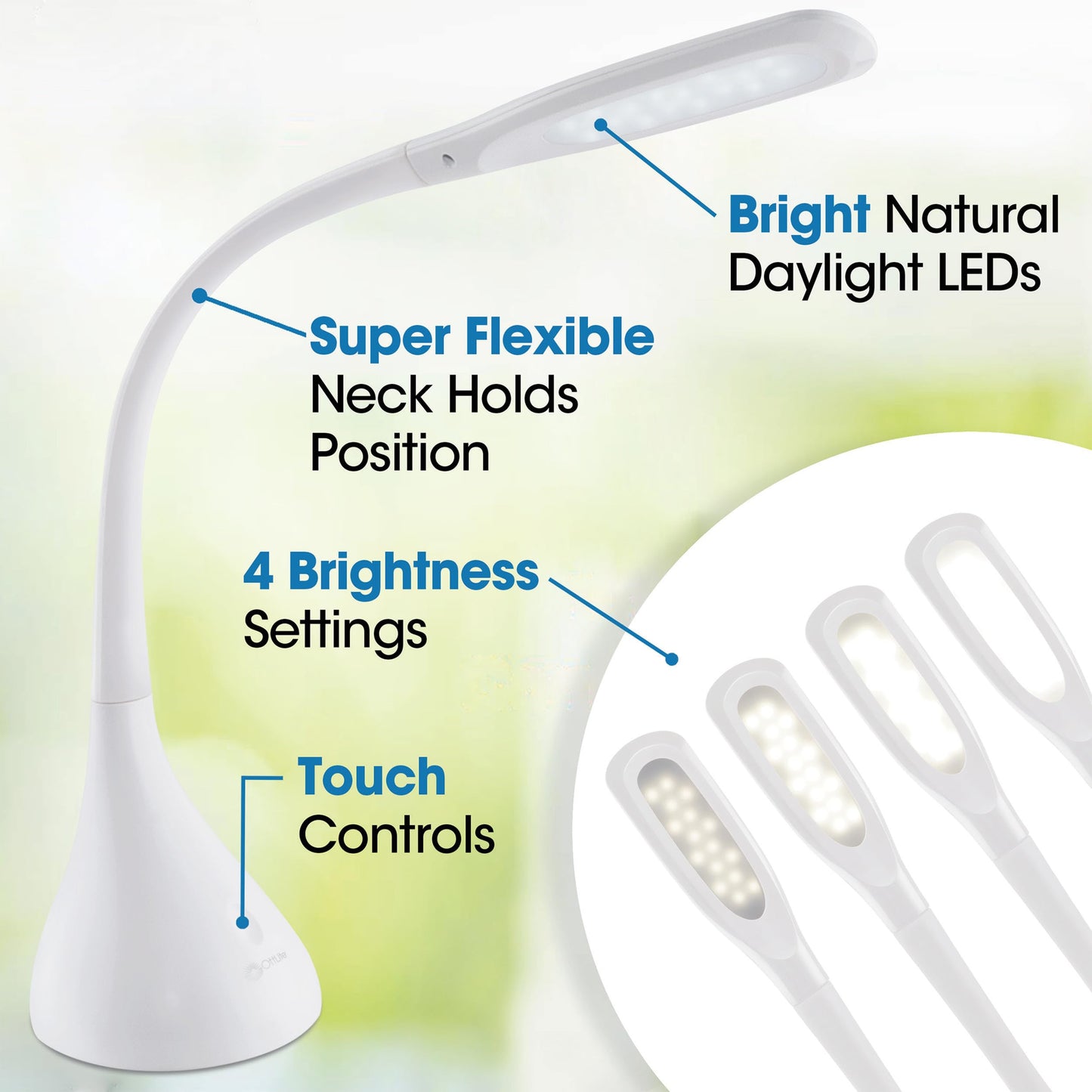 OttLite Creative Curves LED Desk Lamp, White, with Adjustable Neck - 4 Dimmable Brightness Settings for Home Office, Computer Desk, & Dorms