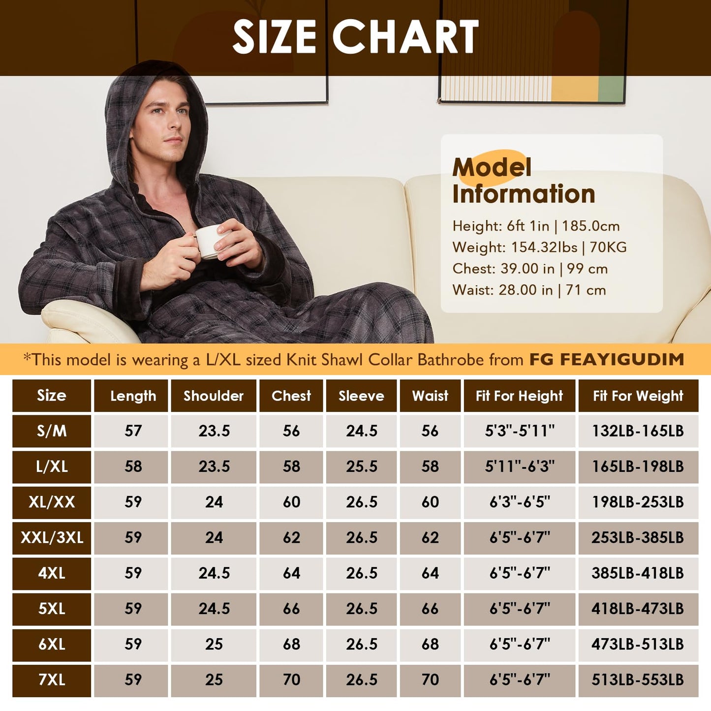 Mens Plush Plaid Hooded Robe, Full Length Fleece Big and Tall Bathrobe with Hood