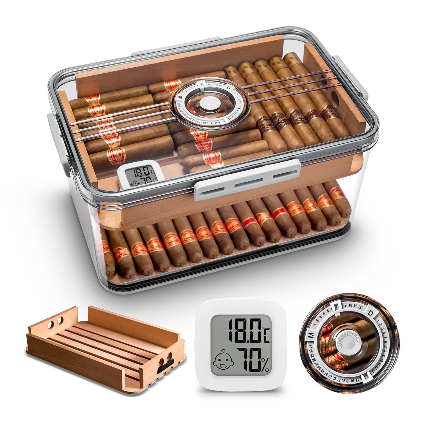 CIGARLOONG Cigar Humidor Large Accommodate 100 Cigars,Built-in Cedar Wood Shelf with High Precision Hygrometer Transparent Cigar Storage Box