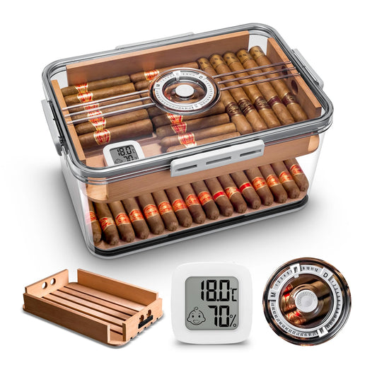 CIGARLOONG Cigar Humidor Large Accommodate 100 Cigars,Built-in Cedar Wood Shelf with High Precision Hygrometer Transparent Cigar Storage Box