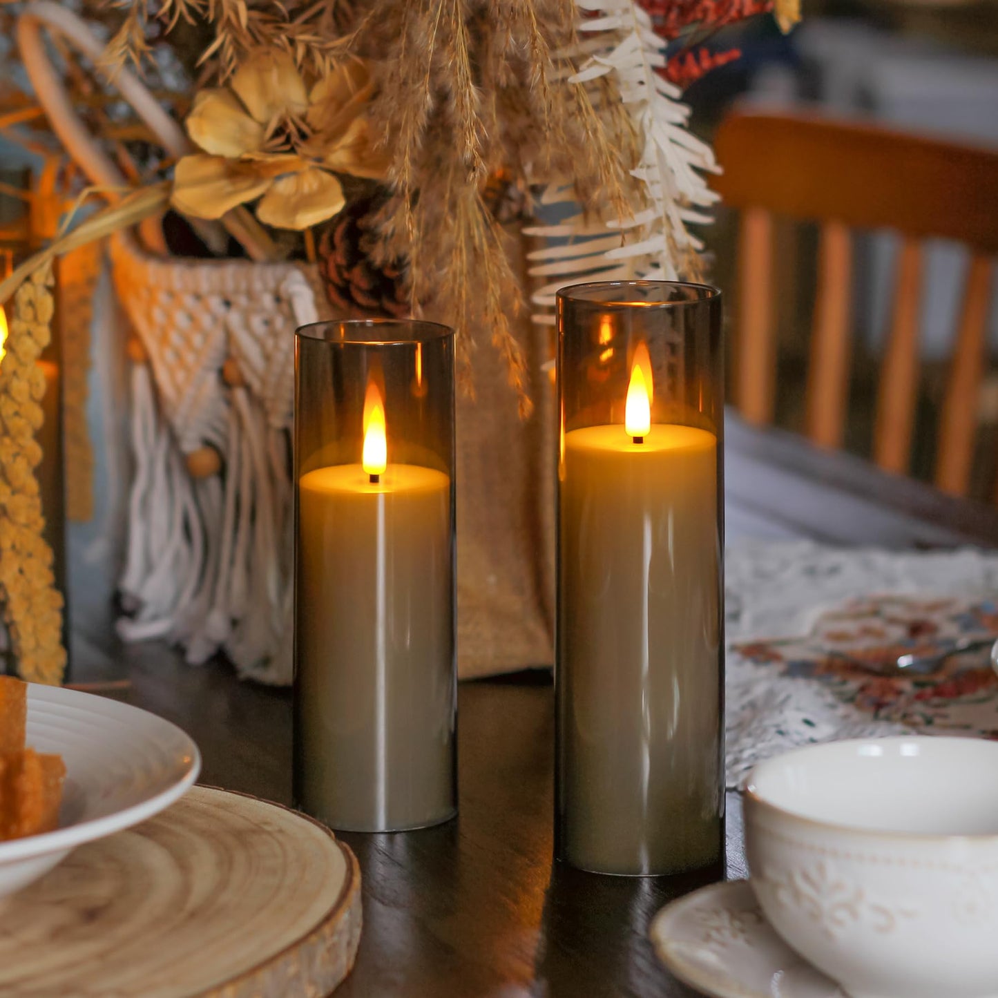 Wroxipel Pack of 8 Acrylic Flameless Flickering 2.2" x5" 6" 6" 7" 7" 7" 8" 8" Grey Plastic Candles with Remote, LED Battery Operated Cycle Timer Bulk Long Lasting Realistic Pillar Candles