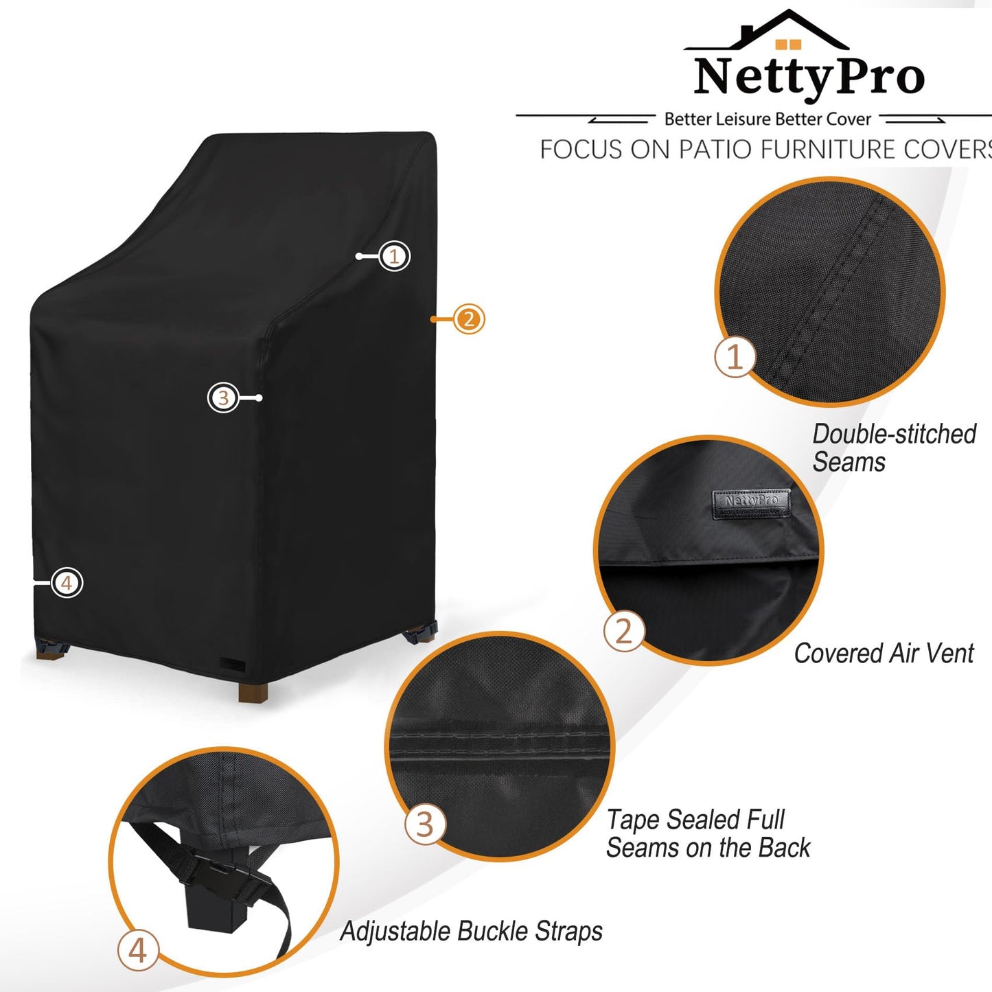 NettyPro Stackable Patio Chair Covers Waterproof Outdoor Patio Furniture Stacking Chair Cover, Fits for 4-6 Stack Dining High Back Chairs, 26"W x 35"D x 45"H, Black