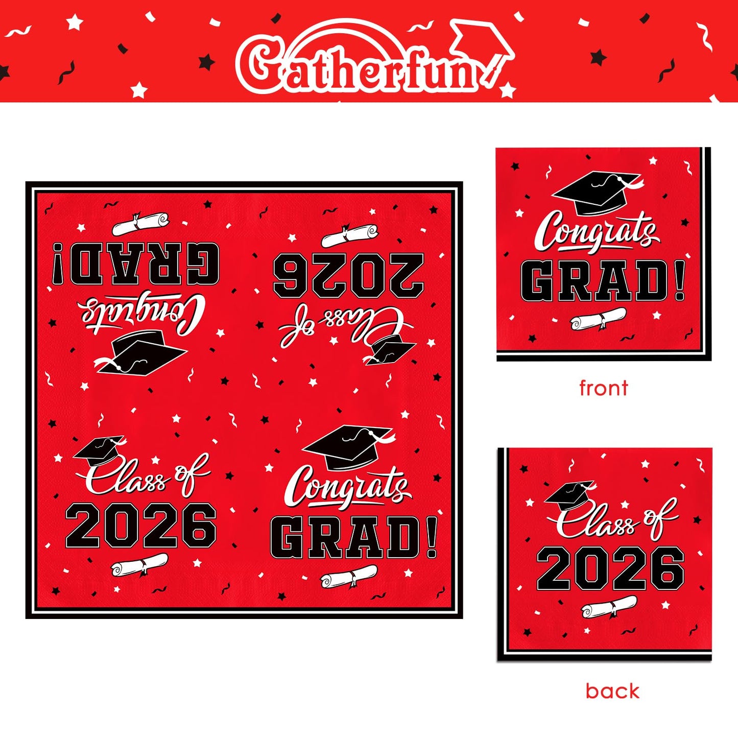 Gatherfun Graduation decorations 2026 Graduation Plates and Napkins Red Disposable Paper Plates Luncheon Napkins Cocktail Napkins for Congrats Grad Party Decorations, Serve 50