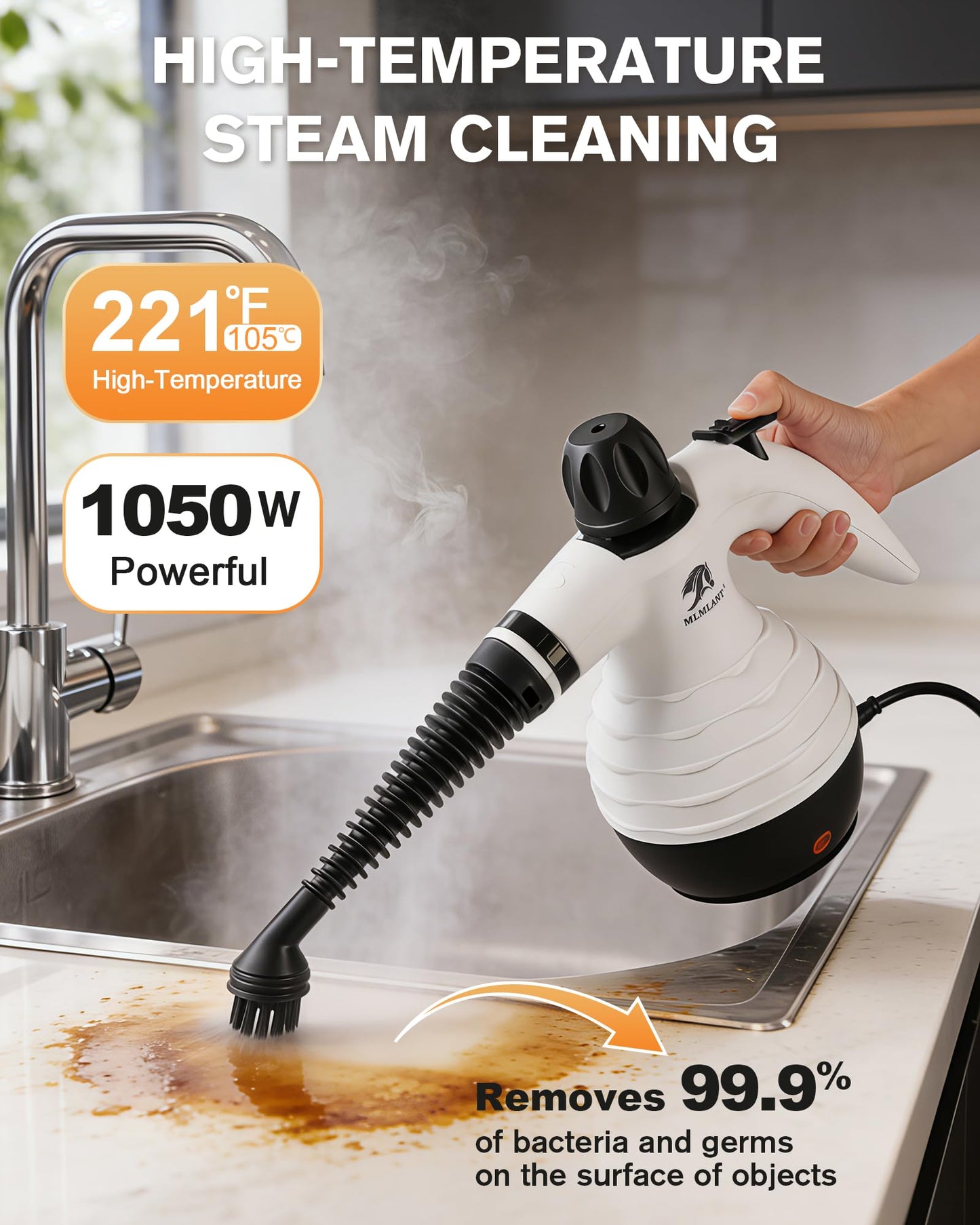 MLMLANT Steam Cleaner, Multi-functional Handheld Steam Cleaner with Safety Lock and 10-piece Accessory Set, Suitable for Steam Cleaning Carpets, Sofas, Mattresses, Car Seats, Kitchens, etc.