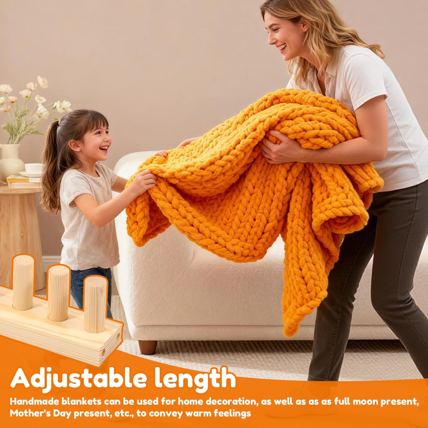 77" Chunky Knitting Blanket Loom, Adjustable Length and Portable Wooden Weaving Loom, Wooden Frame Easy to Handle for Making Large Blankets, Scarves, Thick Yarn