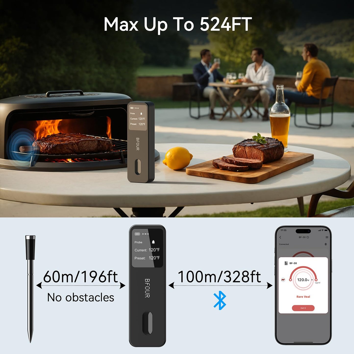 BFOUR Meat Thermometer Wireless with LCD Booster, 524FT Bluetooth Meat Cooking Thermometer, Smart App Remote Monitoring, Wireless Meat Thermometer for BBQ, Oven, Grill Smoker, Rotisserie