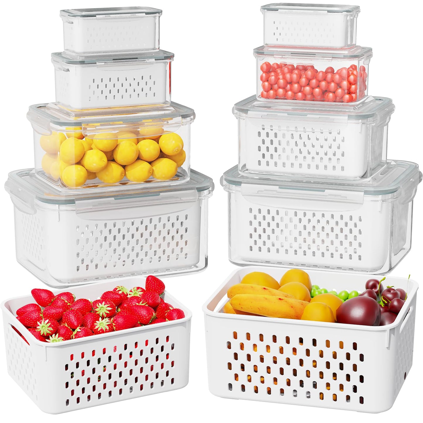 8 Pcs Fruit Storage Containers For Fridge with Removable Colander, Airtight Food Containers, Keep Fruits, Vegetables, Berries, and Meats Fresh Longer, Dishwasher and Microwave Safe (8 Pack)