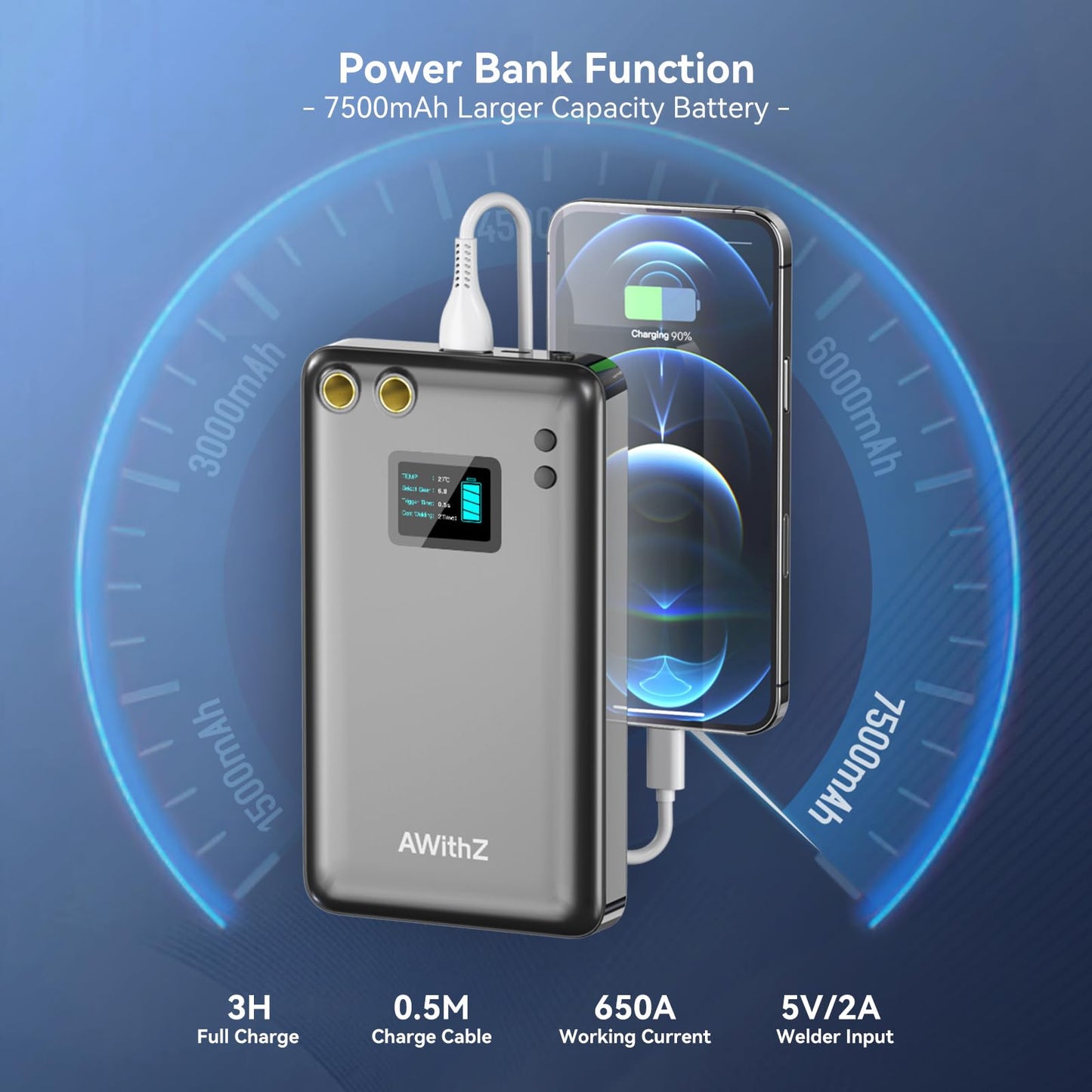 Battery Spot Welder, AWithZ 1.5" LCD Screen Spot Welder 7500mAh Upgraded Rechargeable Battery, 99 Gears Portable Mini Spot Welder, Spot Welder for 18650 Battery, Making Battery Pack (ABS)