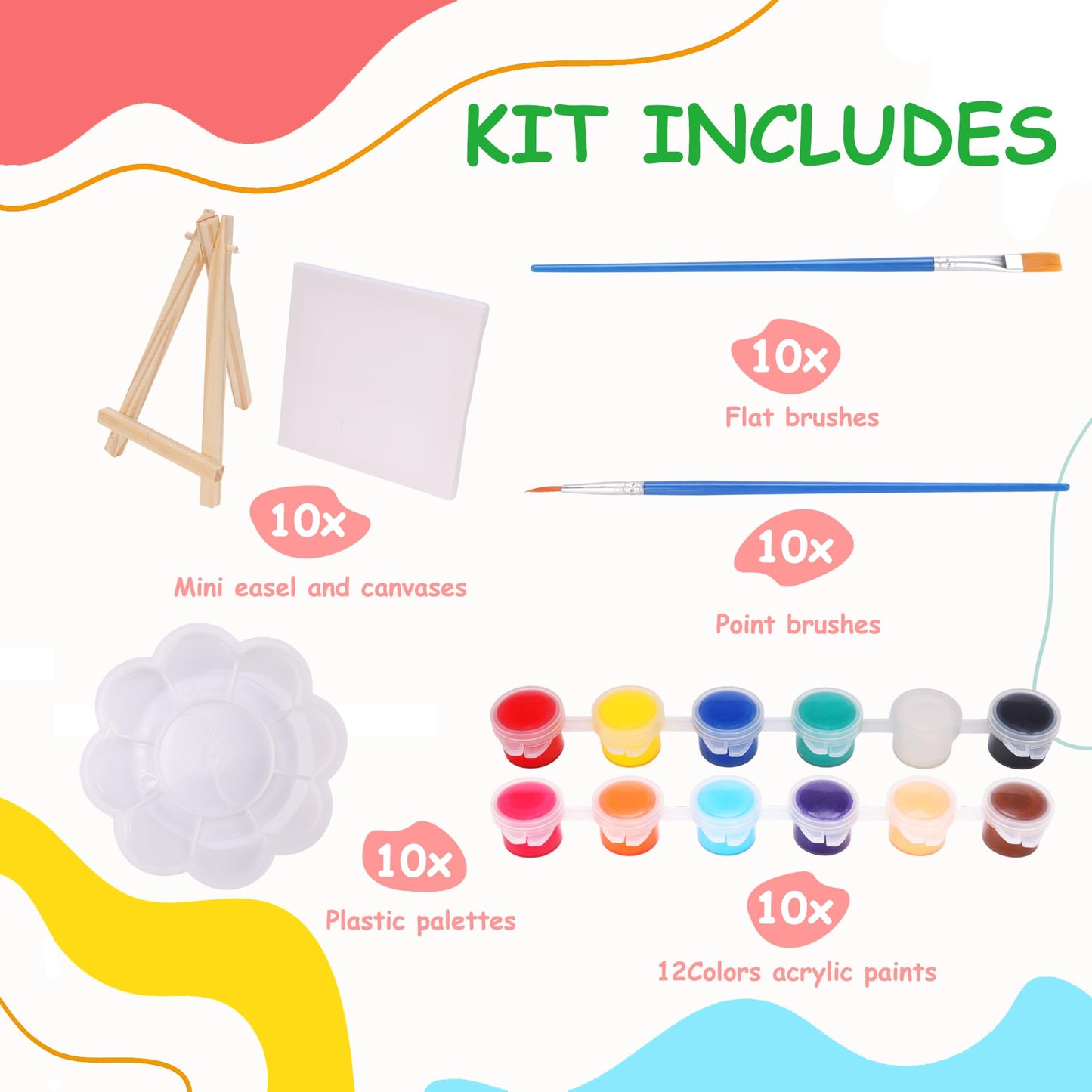 10 Sets Acrylic Paint Kit with 4 x 4 Inch Mini Canvases, Stretched Easel, Acrylic Paint, Palette and Brush, Art Set for Artist Kids Birthday Party Supplies Favors