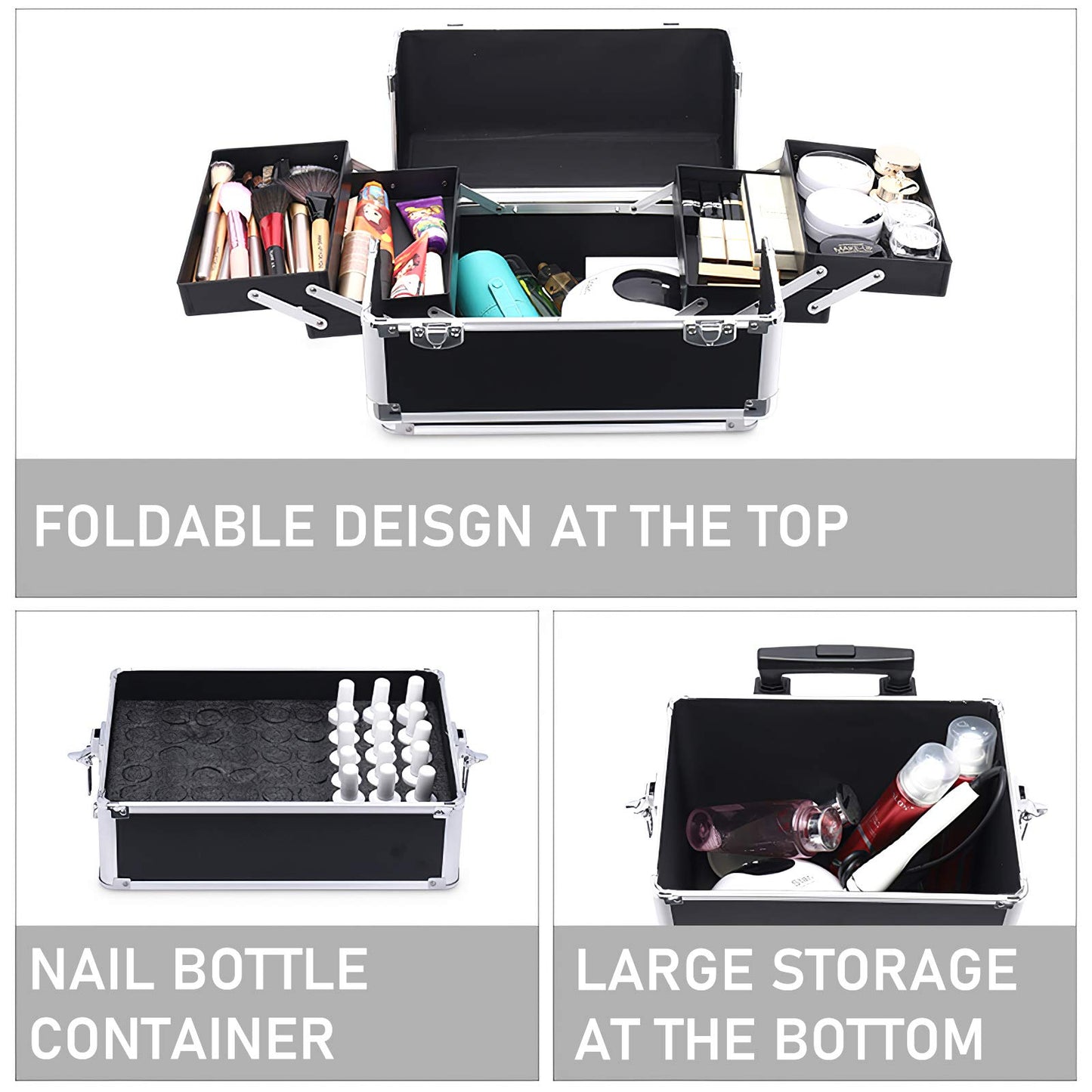 4 in 1 Rolling Makeup Case Professional Cosmetic Trolley, Aluminum Makeup Train Case with 360° Swivel Wheels, Lockable Storage Organizer for Beauty, Salon, Travel, Jewelry