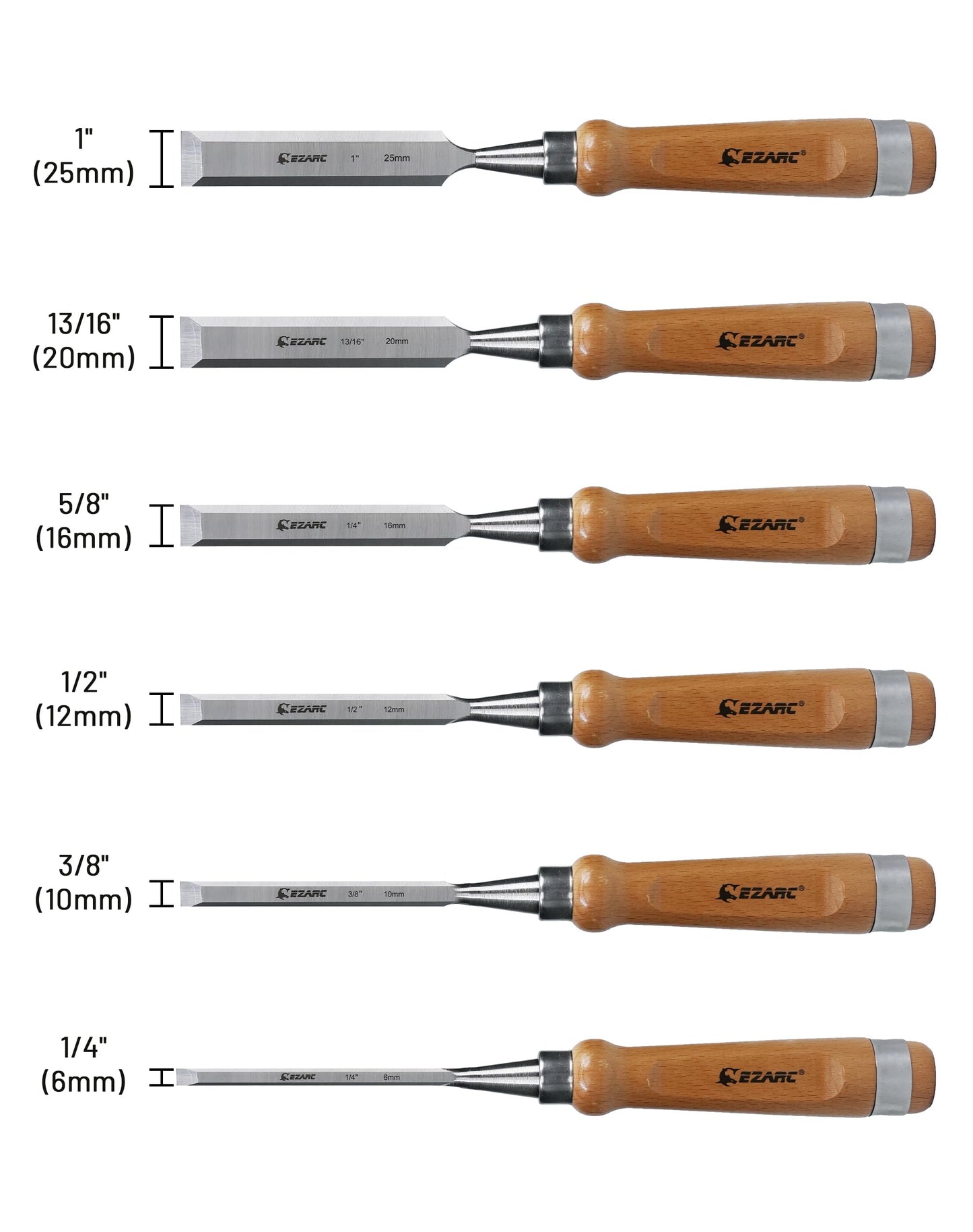 Wood Chisel Tool Sets, 6 Pieces Chrome Vanadium and Hard Ashtree Handle Woodworking Chisel Kit with Premium Wooden Case for Carpentry Craftsman